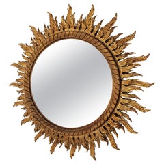 Oversized Gilt Sunburst Mirror in Carved Wood, 52 inches