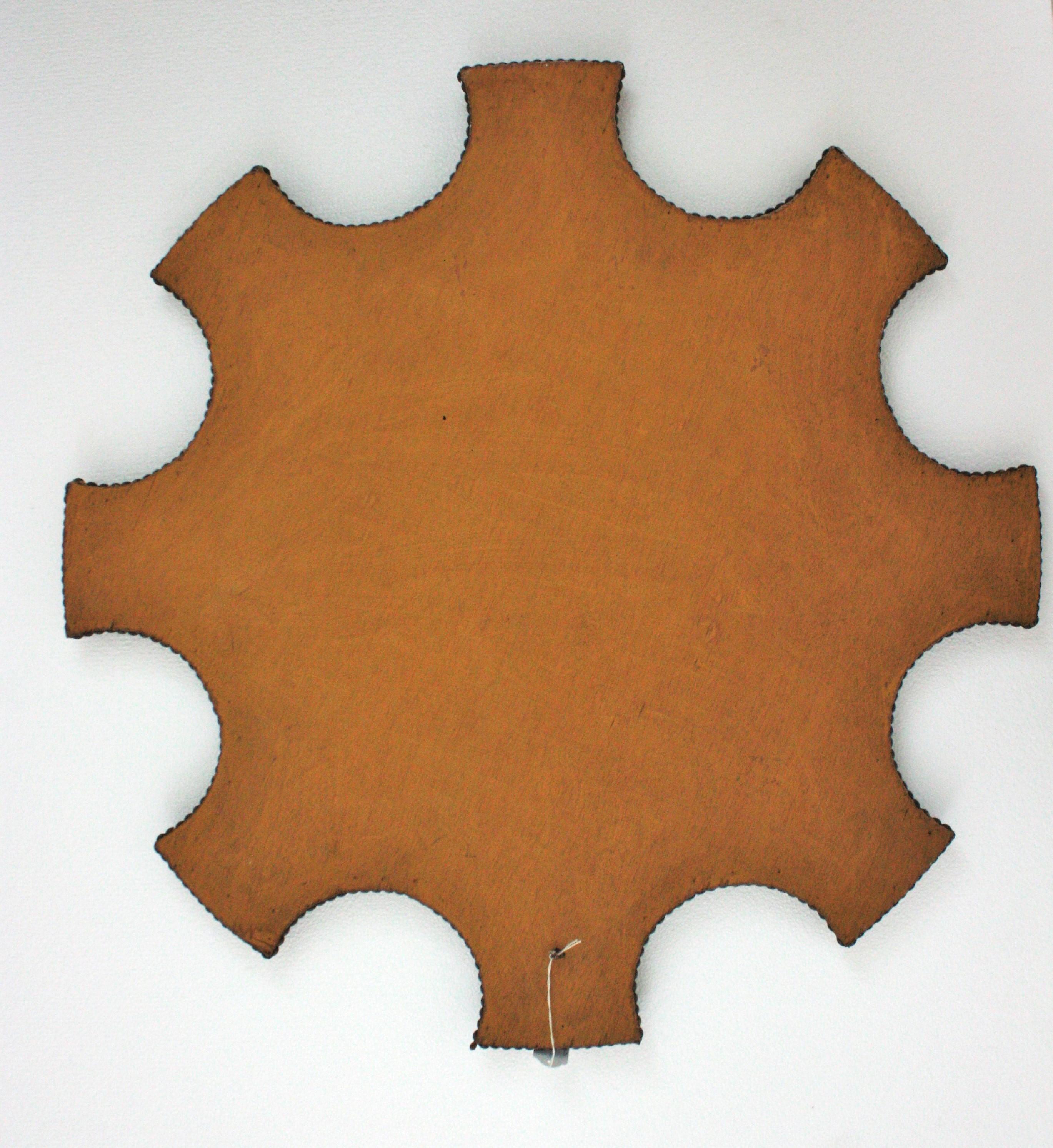 Spanish Sunburst Mirror in Leatherette with Convex Glasses For Sale 5