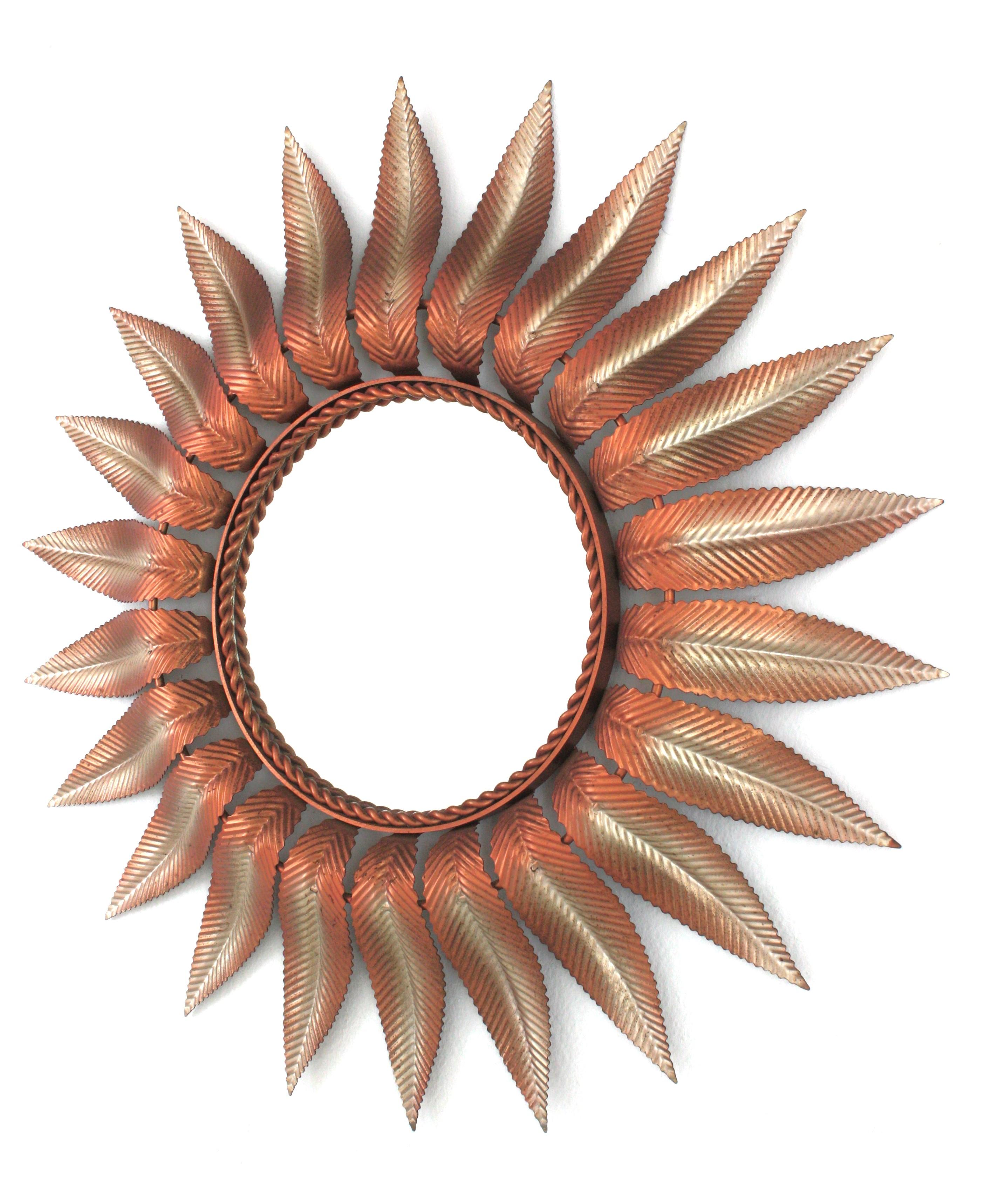 Sunburst Mirror in Pink and Silvered Iron, 1960s For Sale 2
