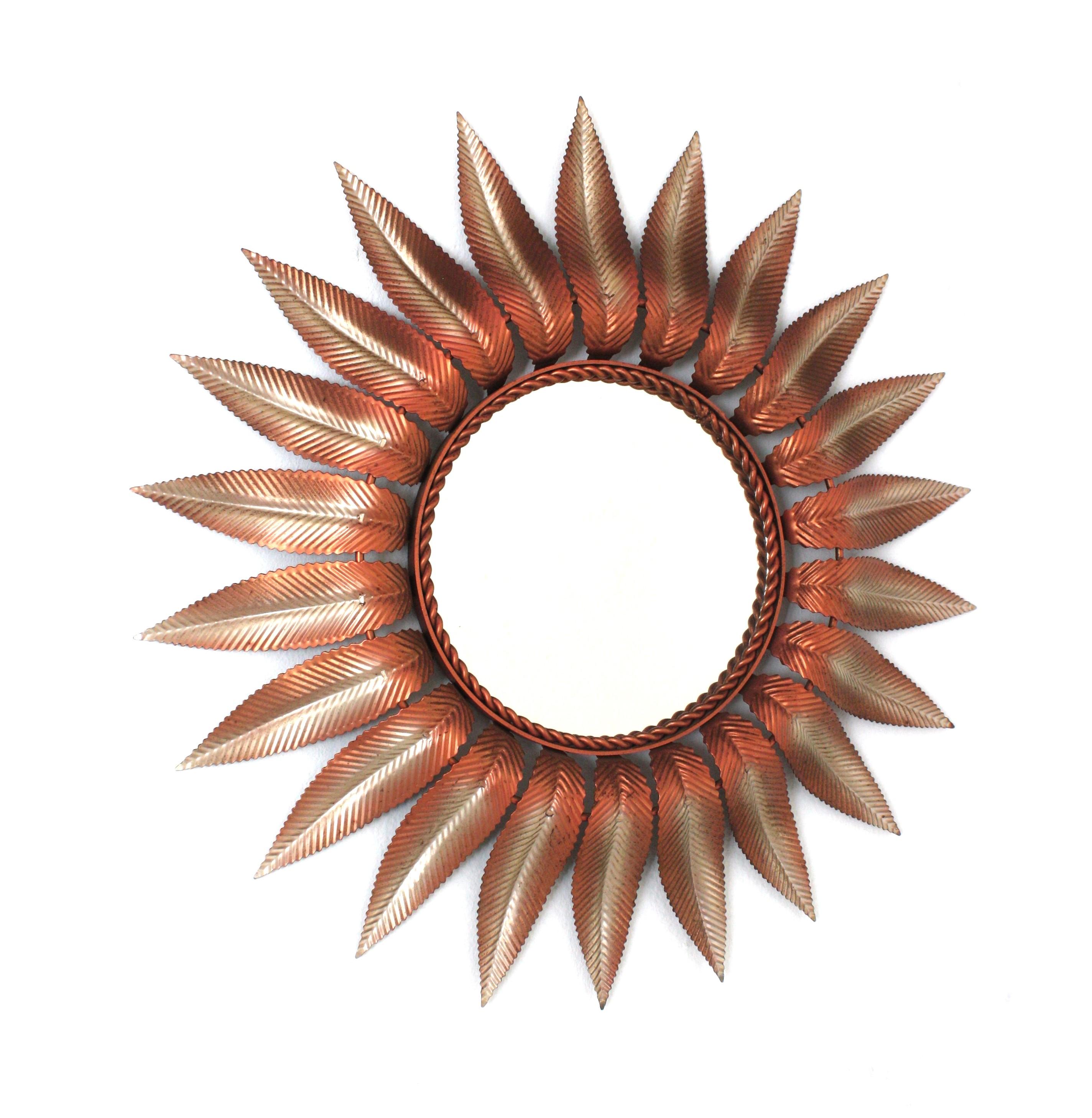 Spanish Sunburst Mirror in Pink and Silvered Iron, 1960s For Sale
