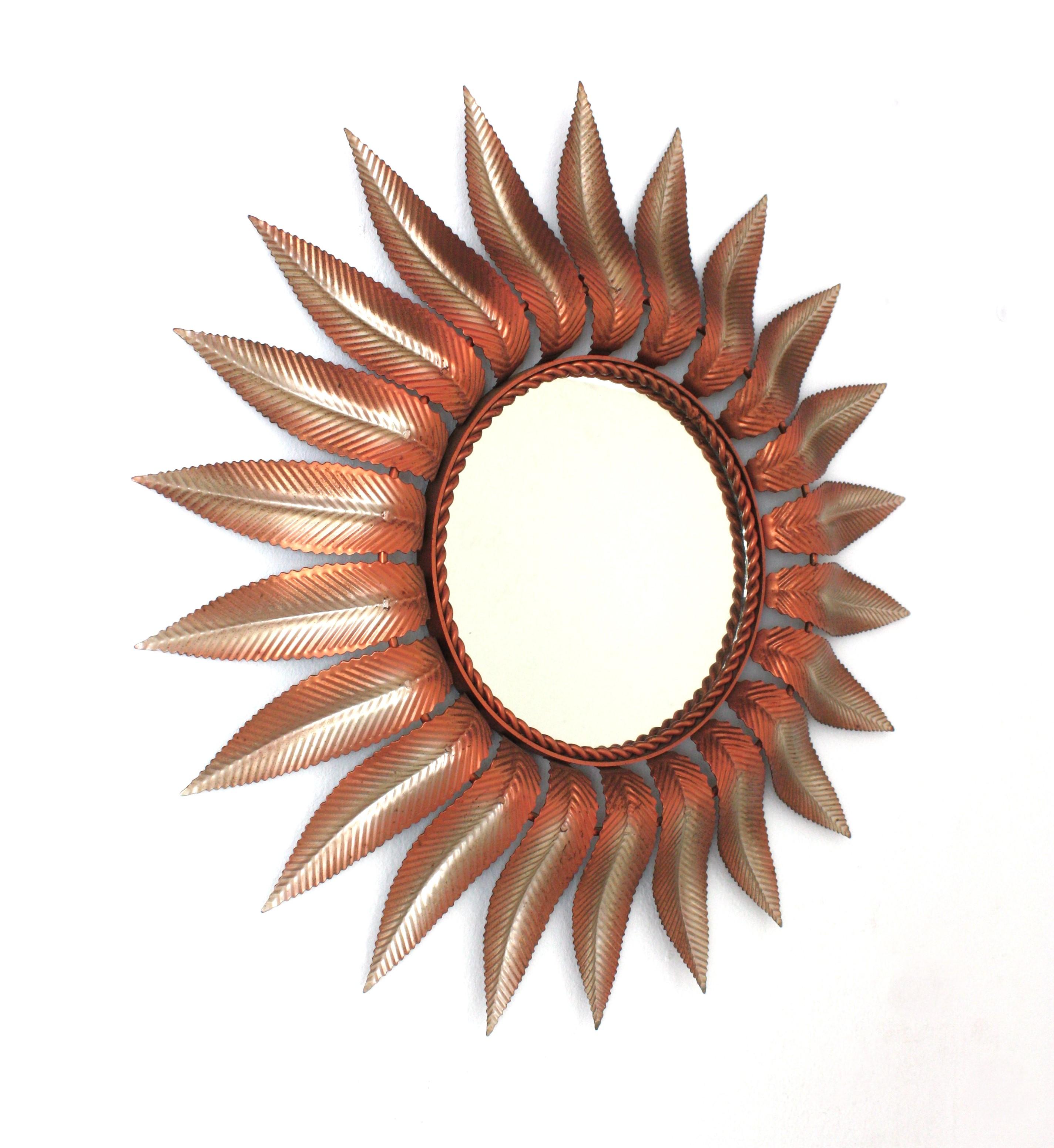 Hand-Crafted Sunburst Mirror in Pink and Silvered Iron, 1960s For Sale