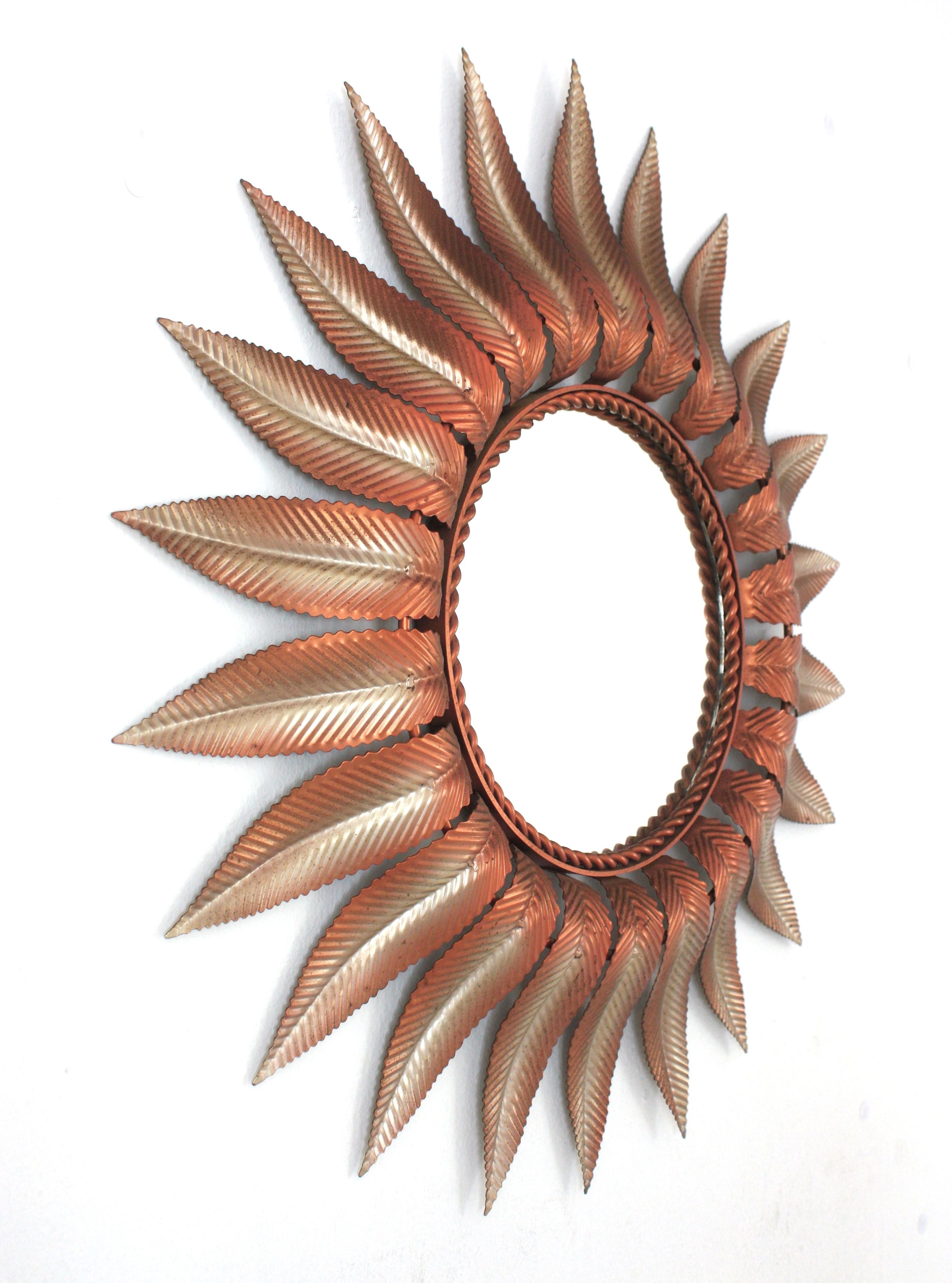 Sunburst Mirror in Pink and Silvered Iron, 1960s For Sale 1