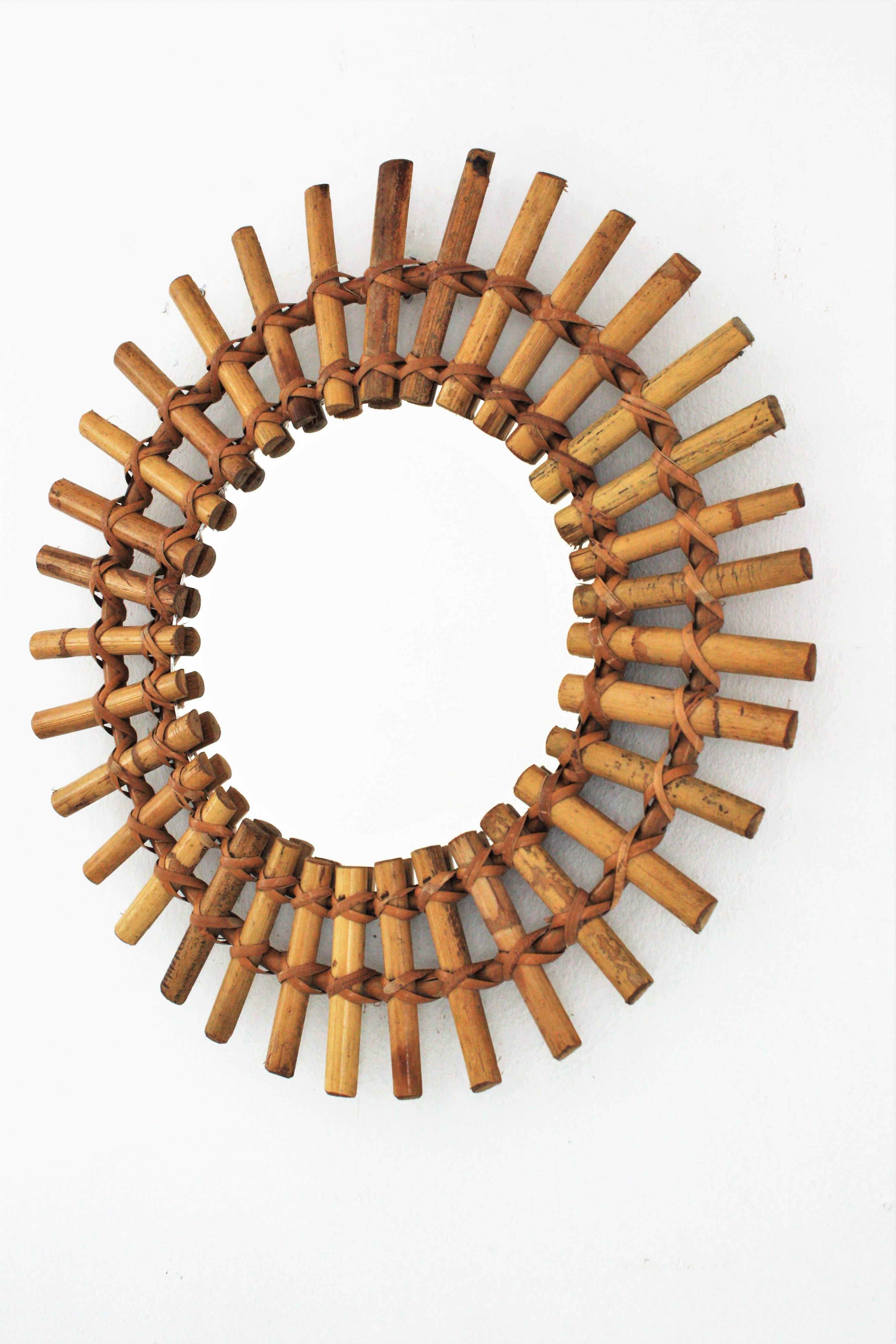 Sunburst Mirror in Rattan and Bamboo, France, 1950s For Sale 3