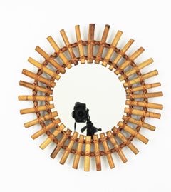 Sunburst Mirror in Rattan and Bamboo, France 1950s