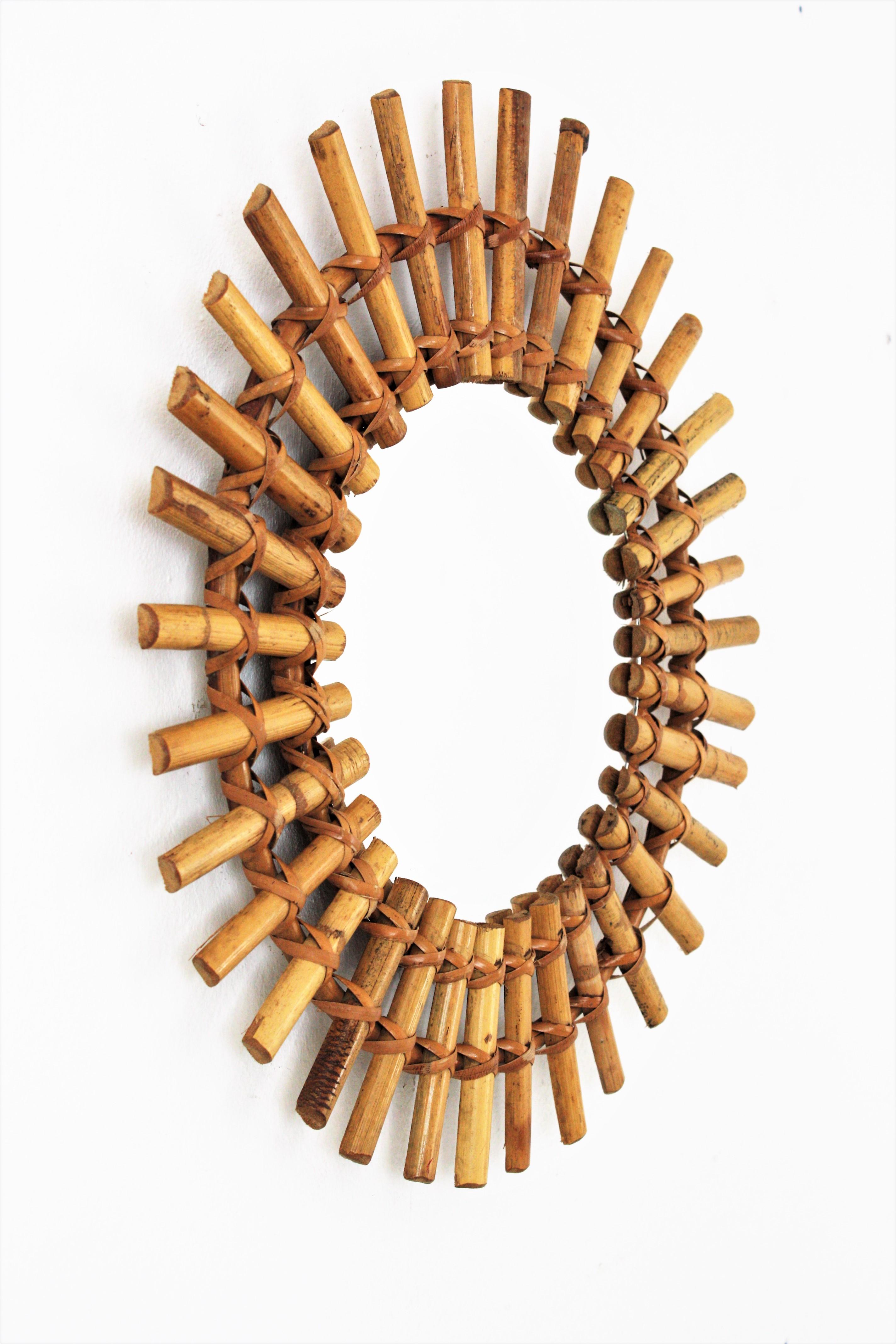 Mid-Century Modern Sunburst Mirror in Rattan and Bamboo, France, 1950s For Sale