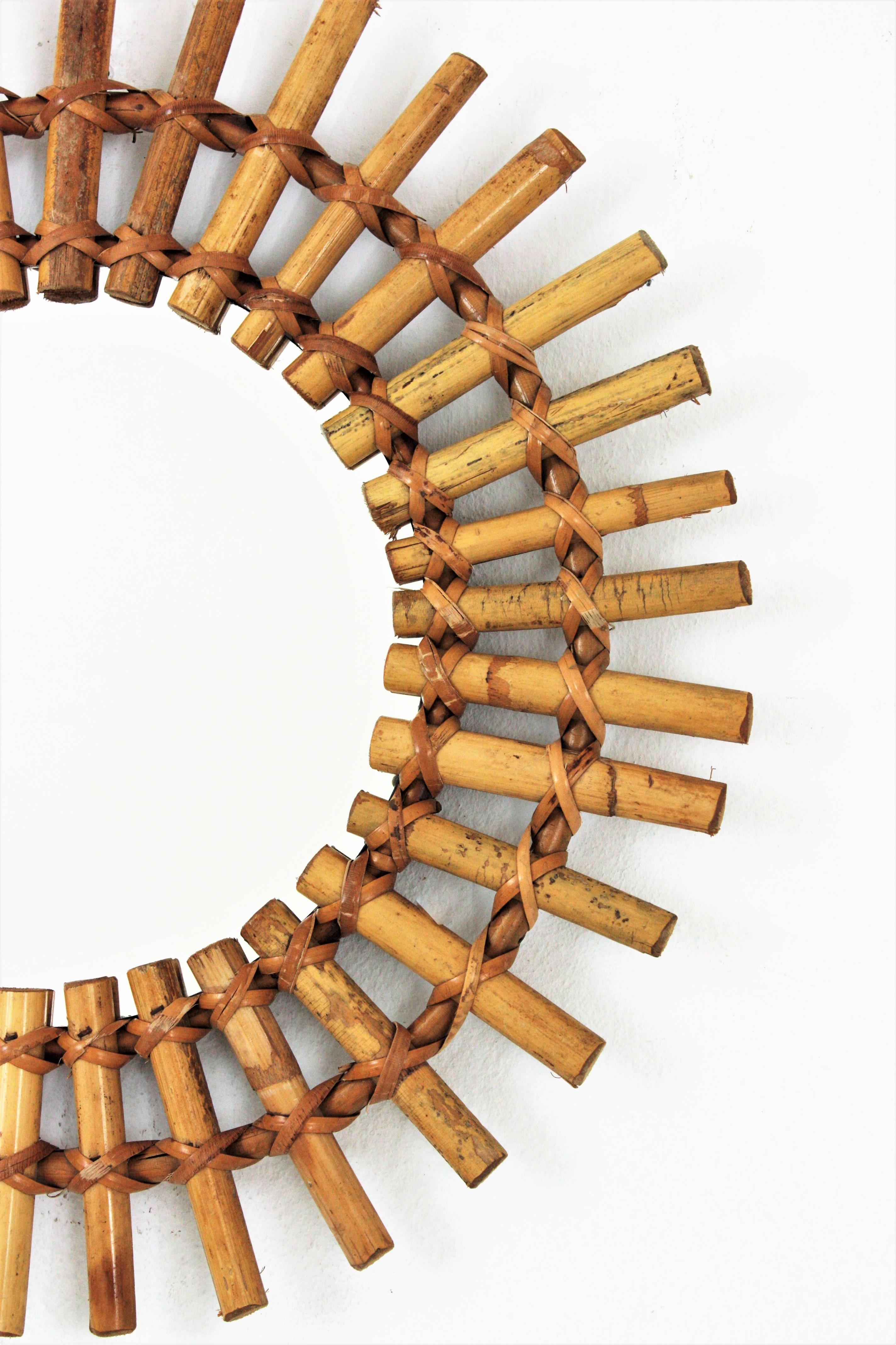 20th Century Sunburst Mirror in Rattan and Bamboo, France, 1950s For Sale