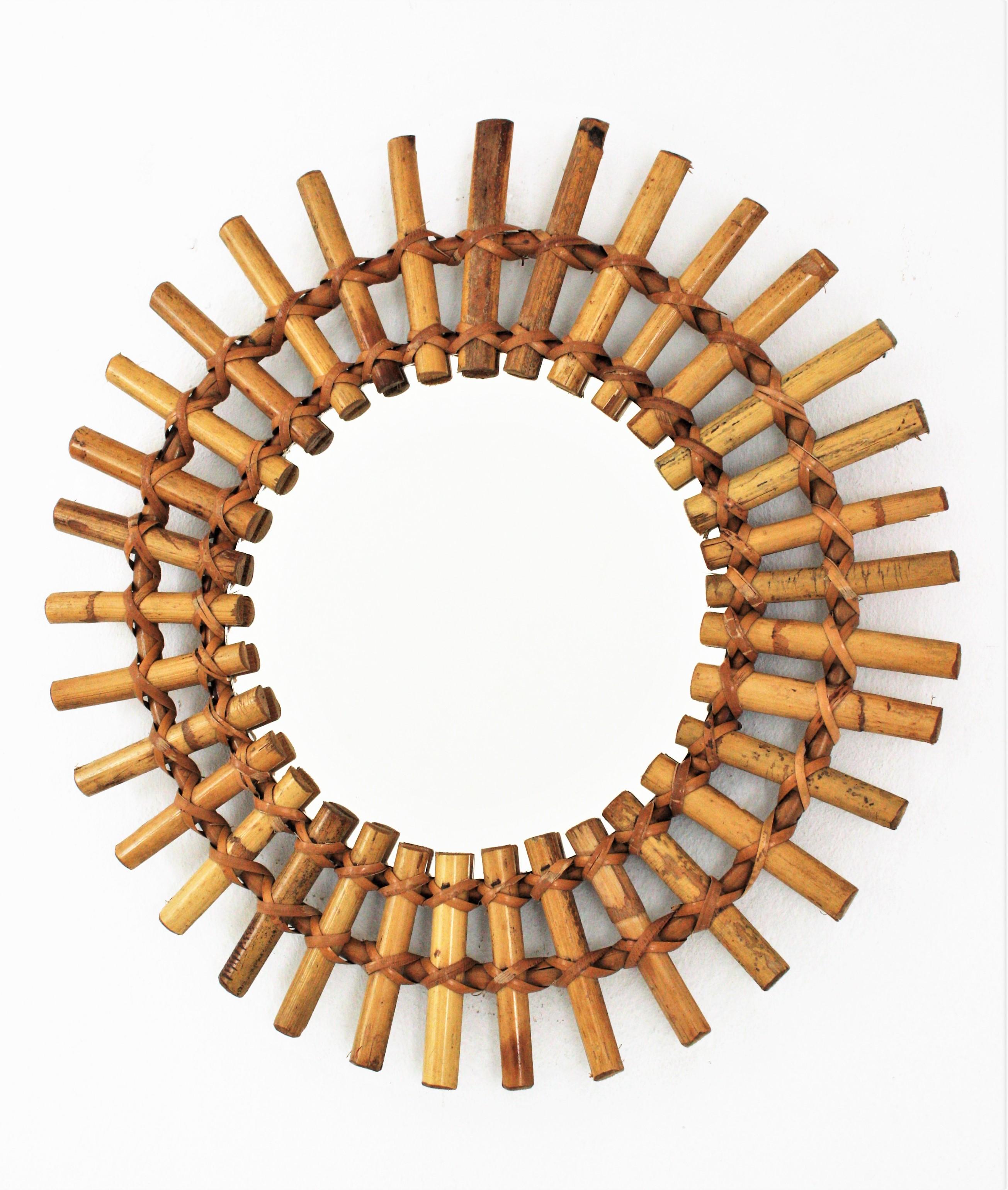 Sunburst Mirror in Rattan and Bamboo, France, 1950s For Sale 2
