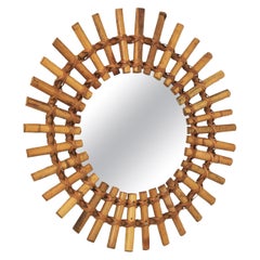 Retro Sunburst Mirror in Rattan and Bamboo, France, 1950s