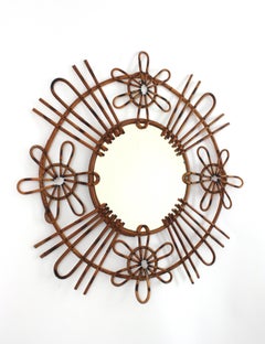 Sunburst Mirror in Rattan with Floral Design, French Riviera, 1950s