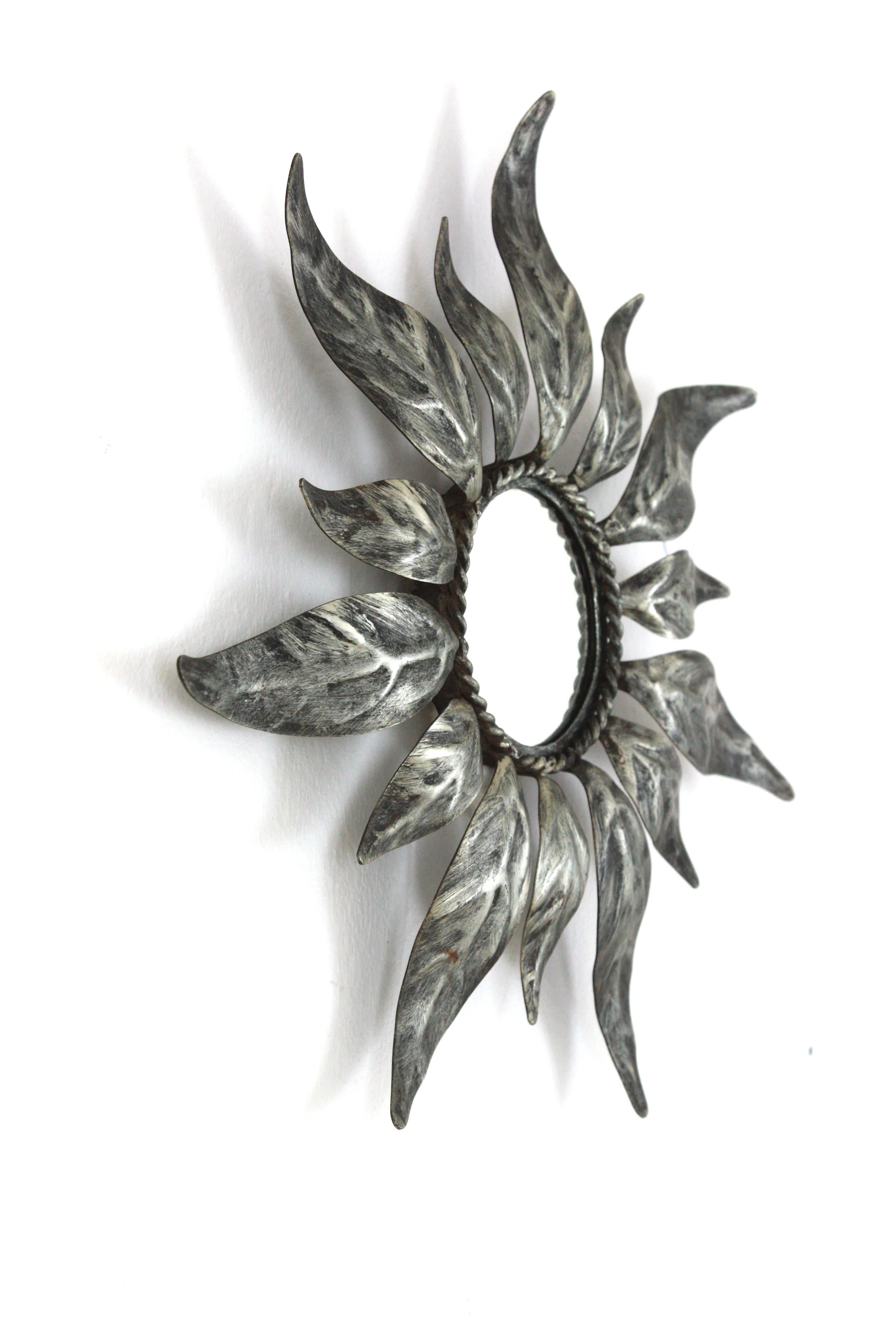 Spanish Sunburst Mirror in Silvered Iron, Small Scale, Mid-Century Modern  For Sale