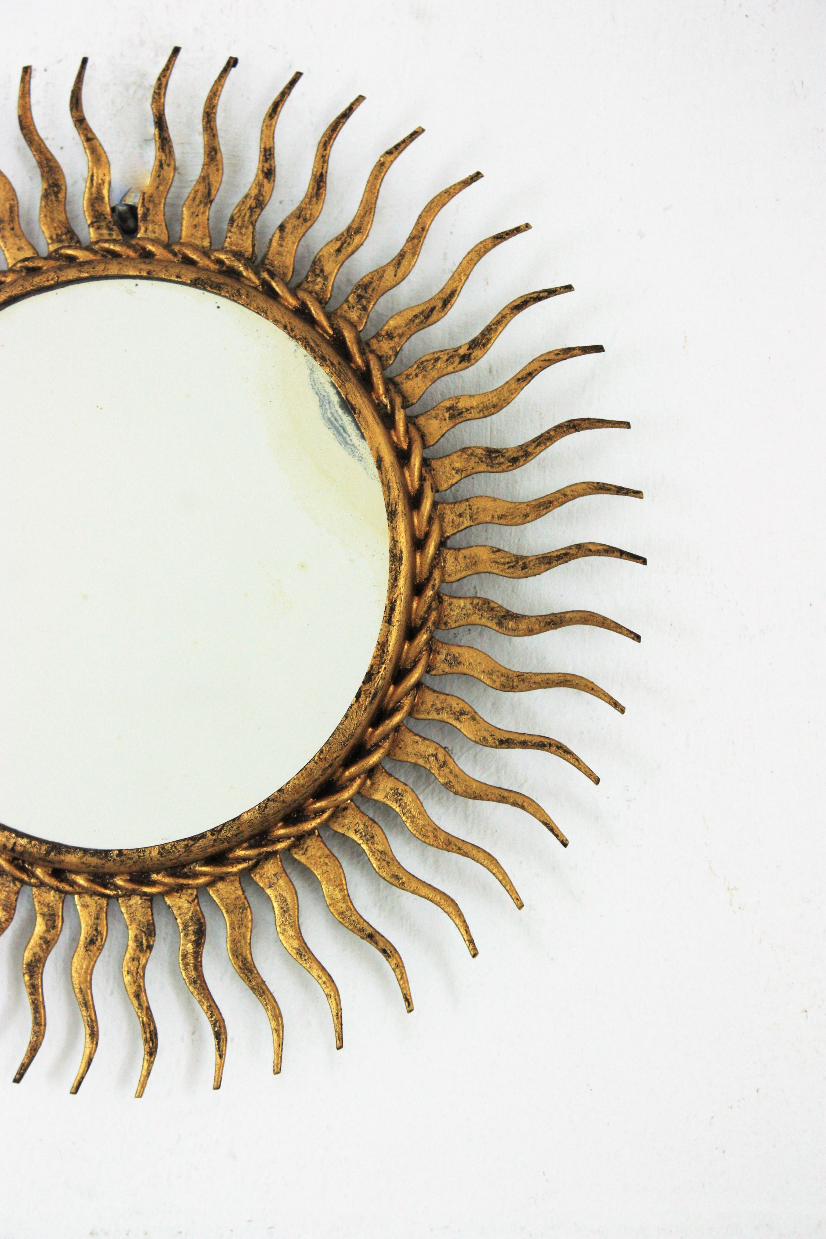 20th Century Sunburst Mirror in Gilt Wrought Iron, Small Scale For Sale