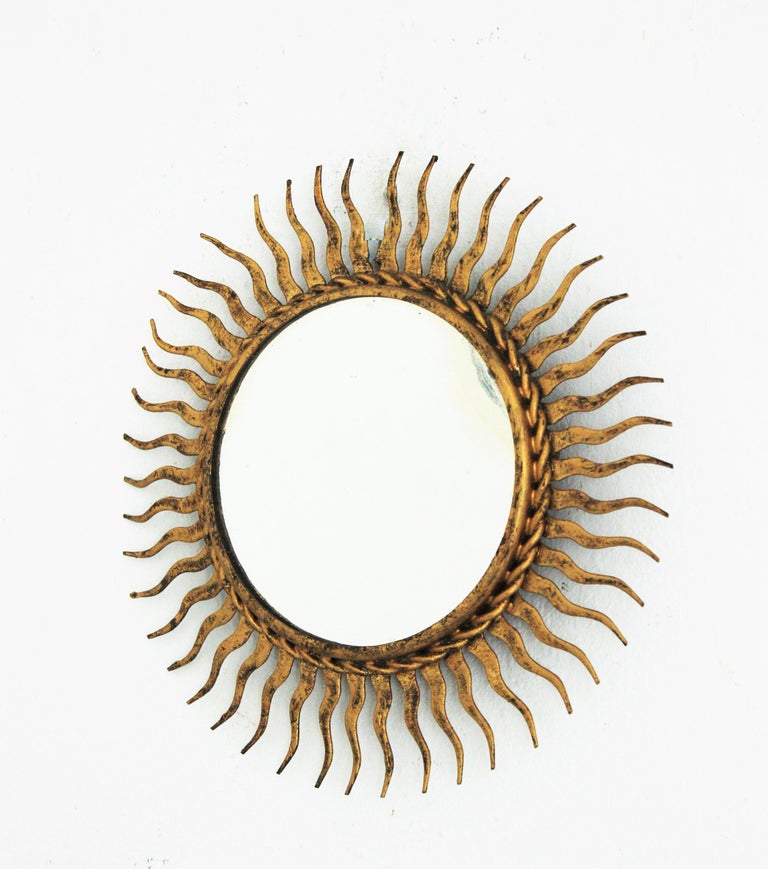 Sunburst Mirror in Small Scale, Gilt Wrought Iron For Sale at 1stDibs