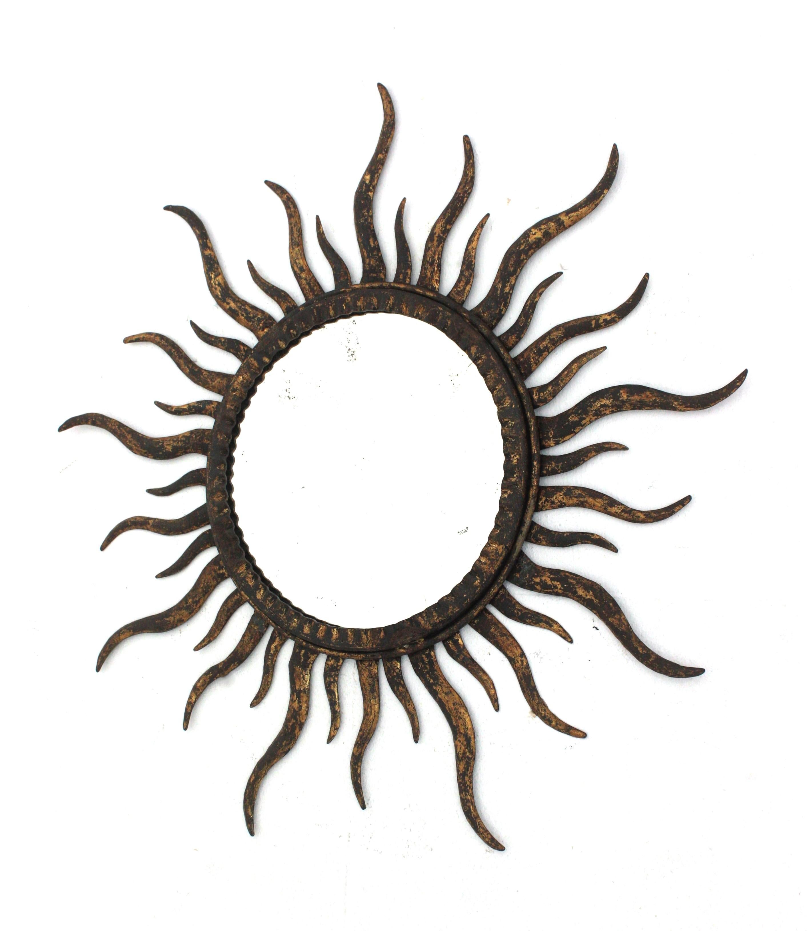 Sunburst Mirror in the Style of Gilbert Poillerat, Gilt Metal For Sale 5