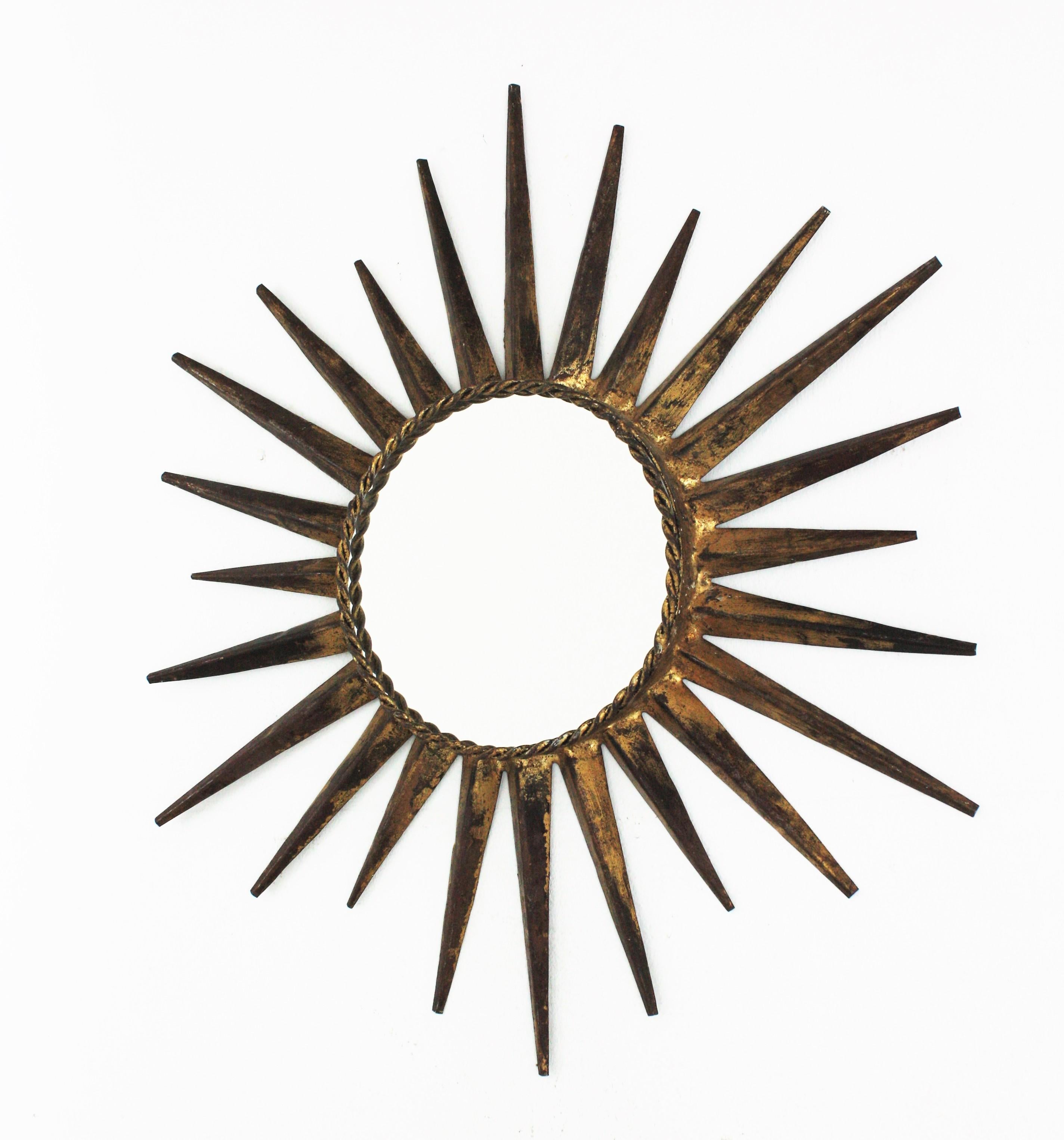 Sunburst Mirror in the Style of Gilbert Poillerat, Gilt Wrought Iron 1