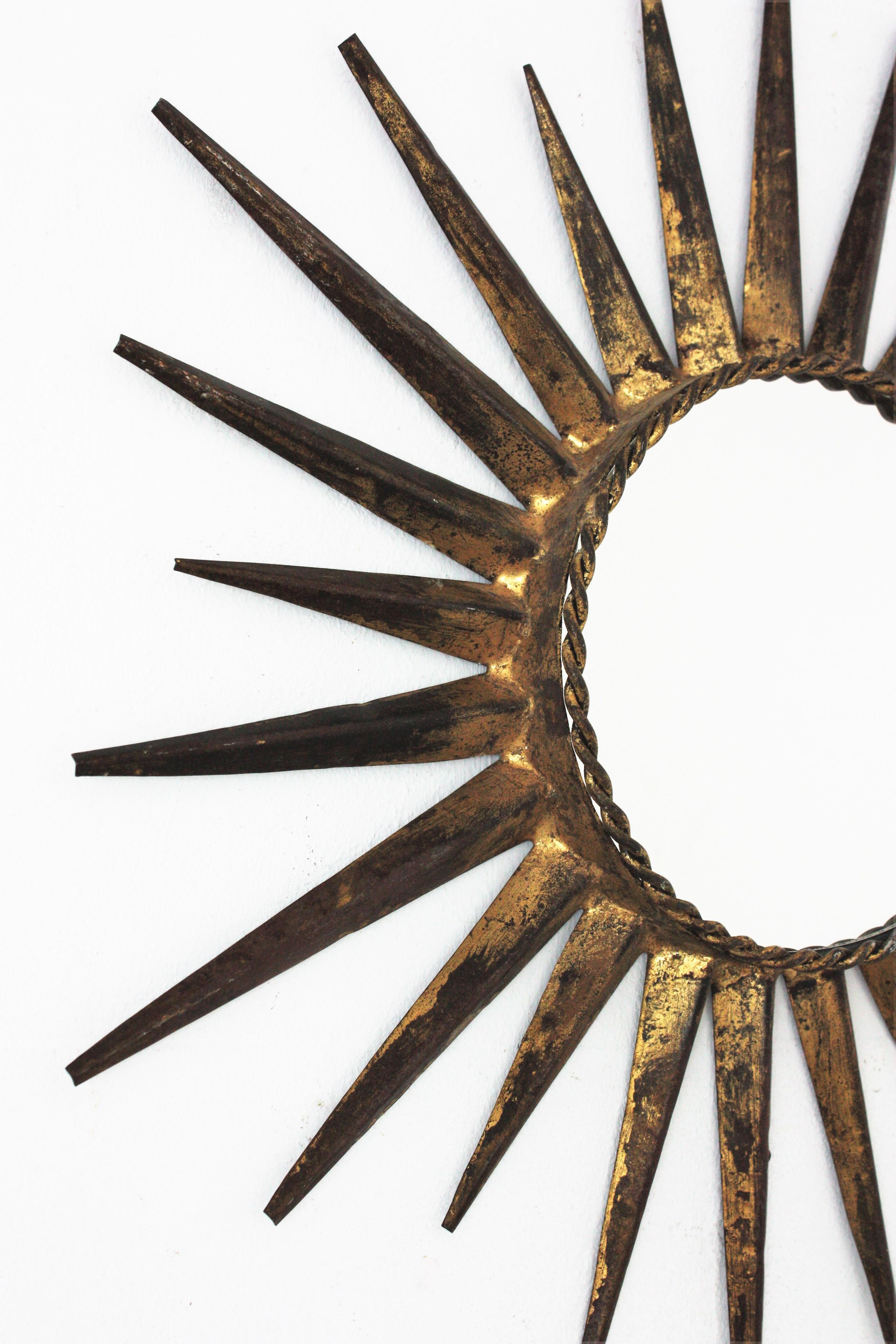 French Sunburst Mirror in the Style of Gilbert Poillerat, Gilt Wrought Iron