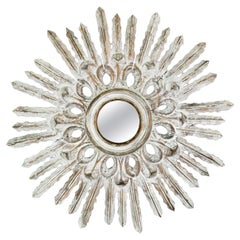 Spanish Sunburst Mirror in Carved Wood and White Patina