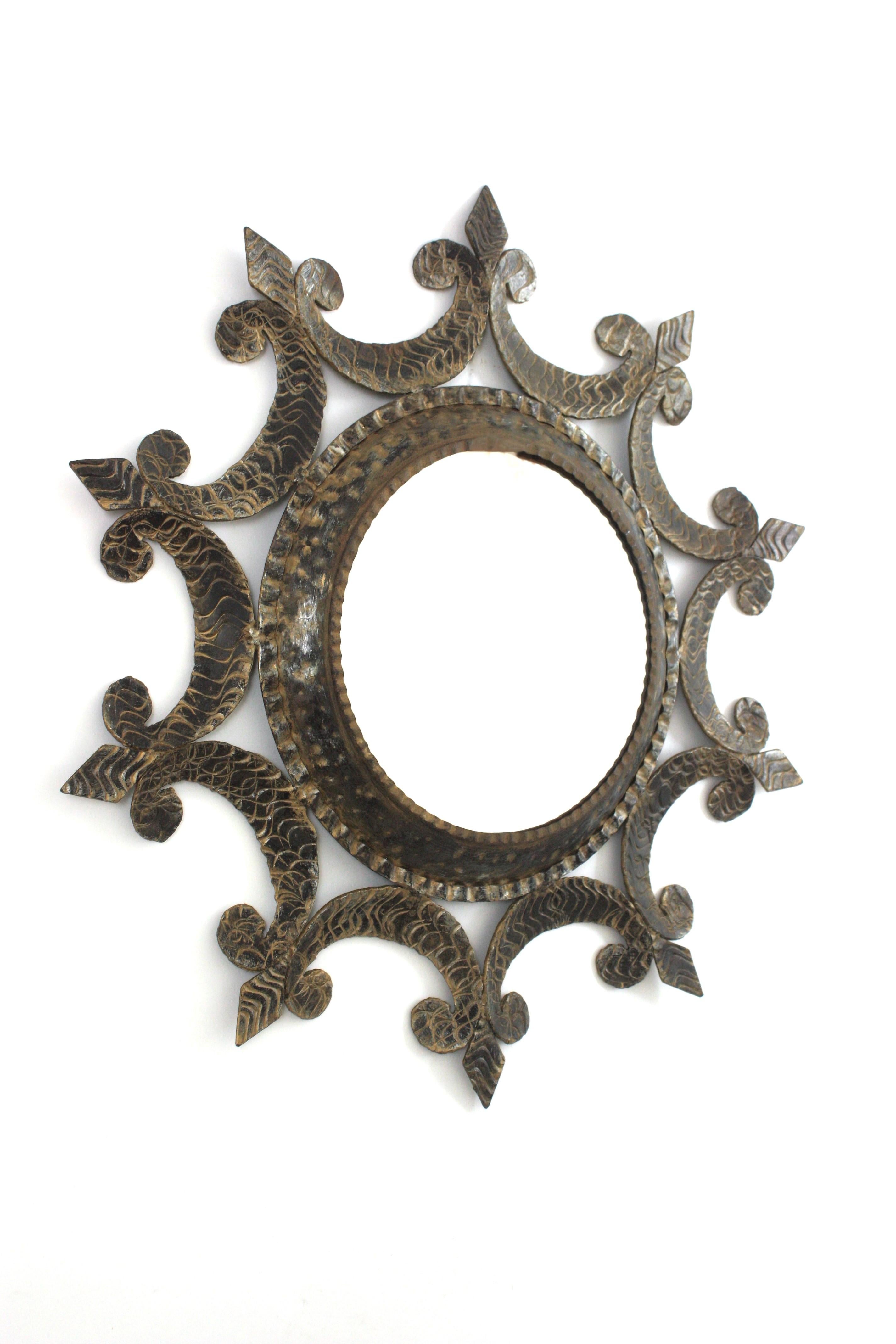 French Sunburst Mirror in Wrought Iron, Brutalist Period, 1950s For Sale