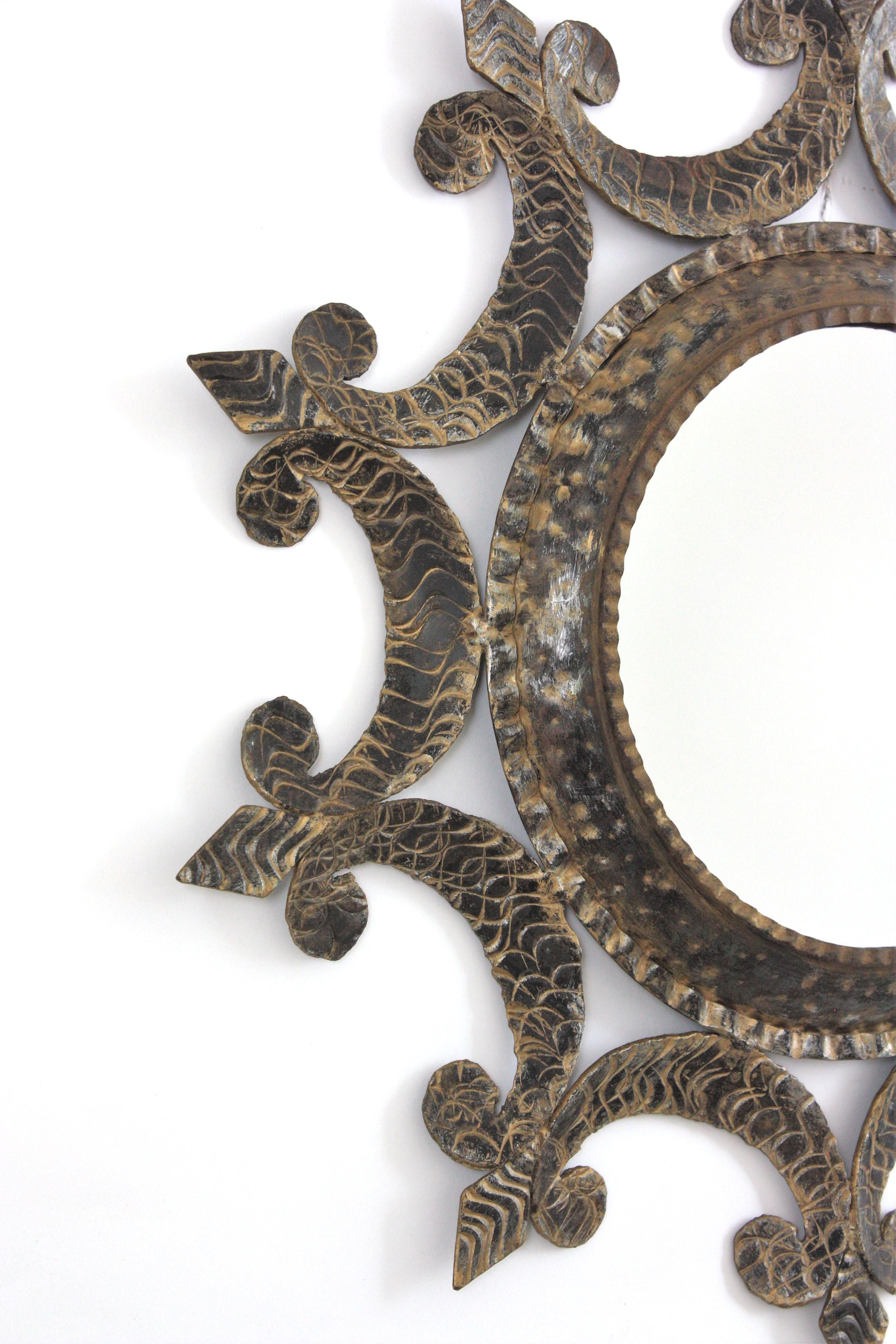 Forged Sunburst Mirror in Wrought Iron, Brutalist Period, 1950s For Sale