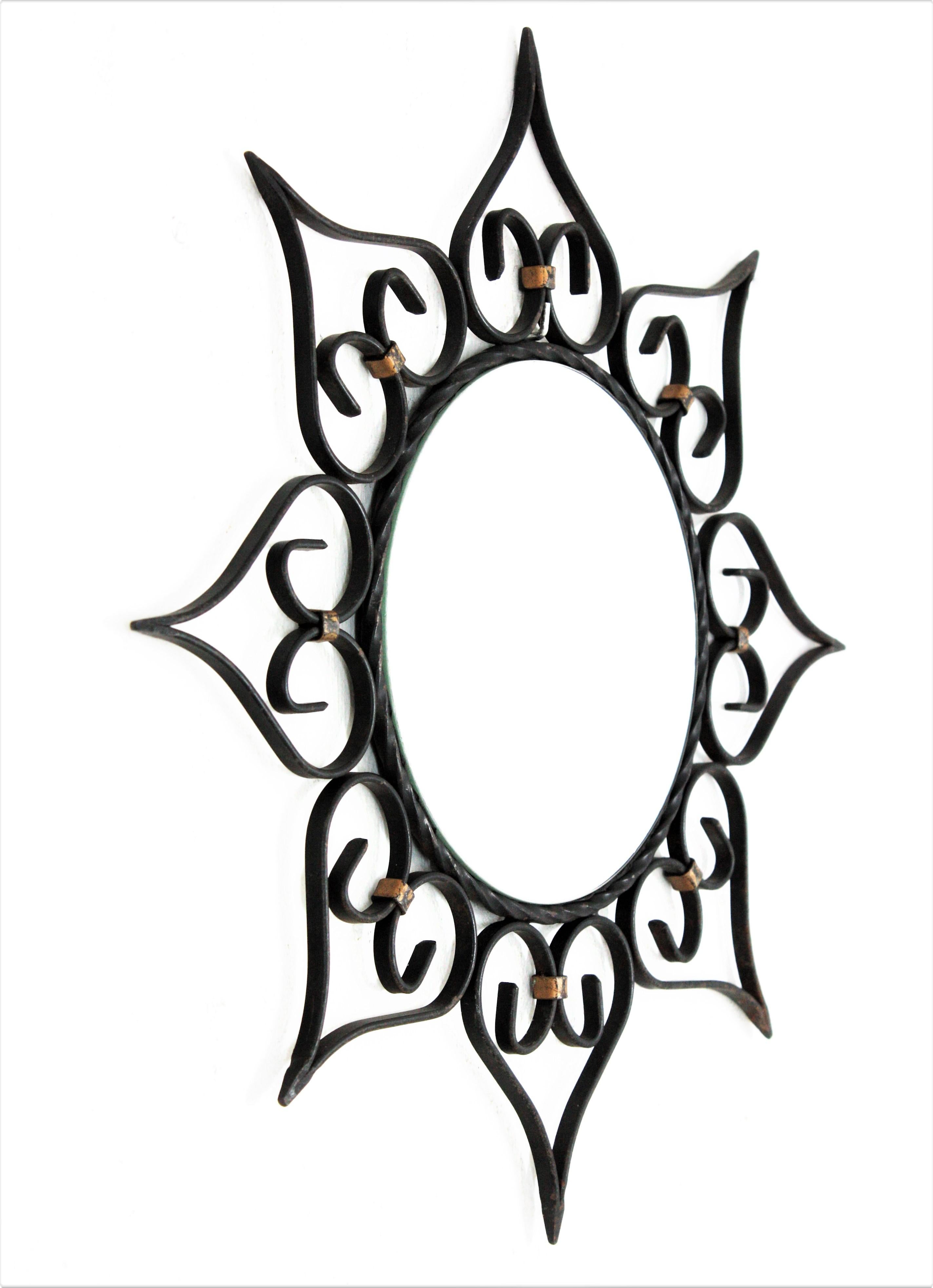 Spanish Sunburst Flower Mirror in Wrought Iron For Sale
