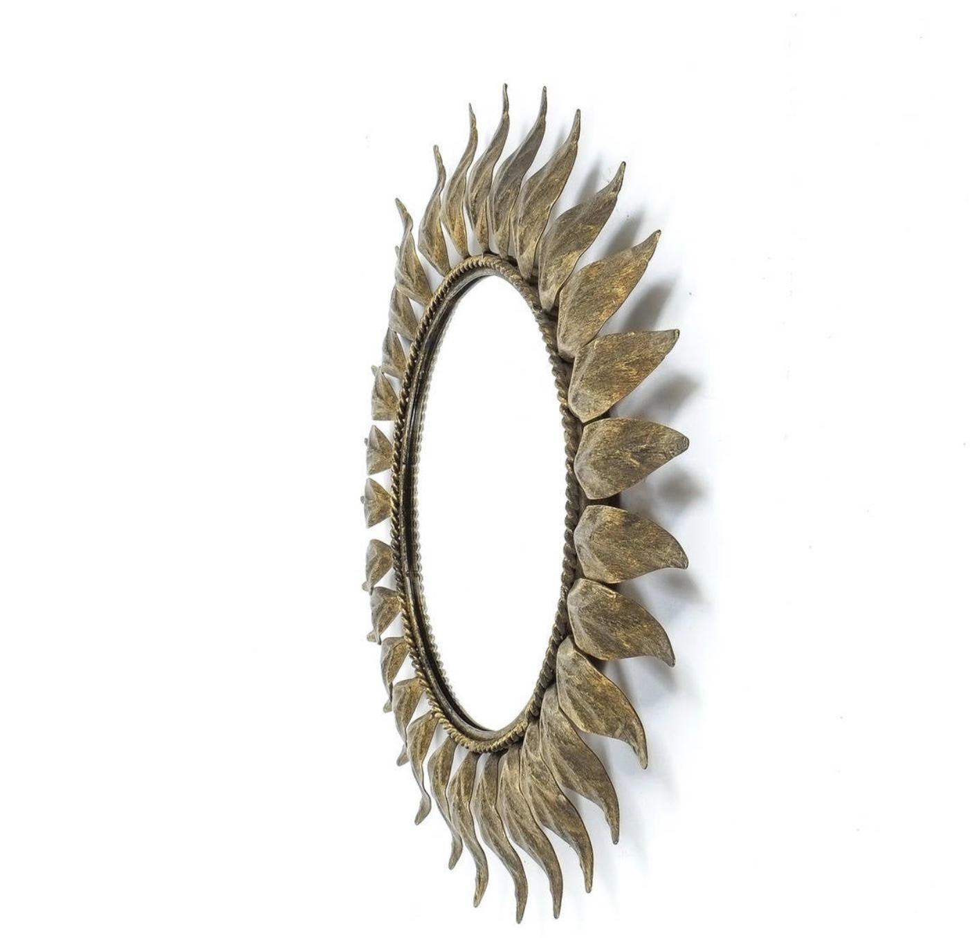 French Sunburst Mirror Made from Patinized Brass, France Mid Century Modern For Sale