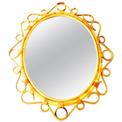 Sunburst Mirror mid-century Rattan French Saint Tropez Riviera, 1950