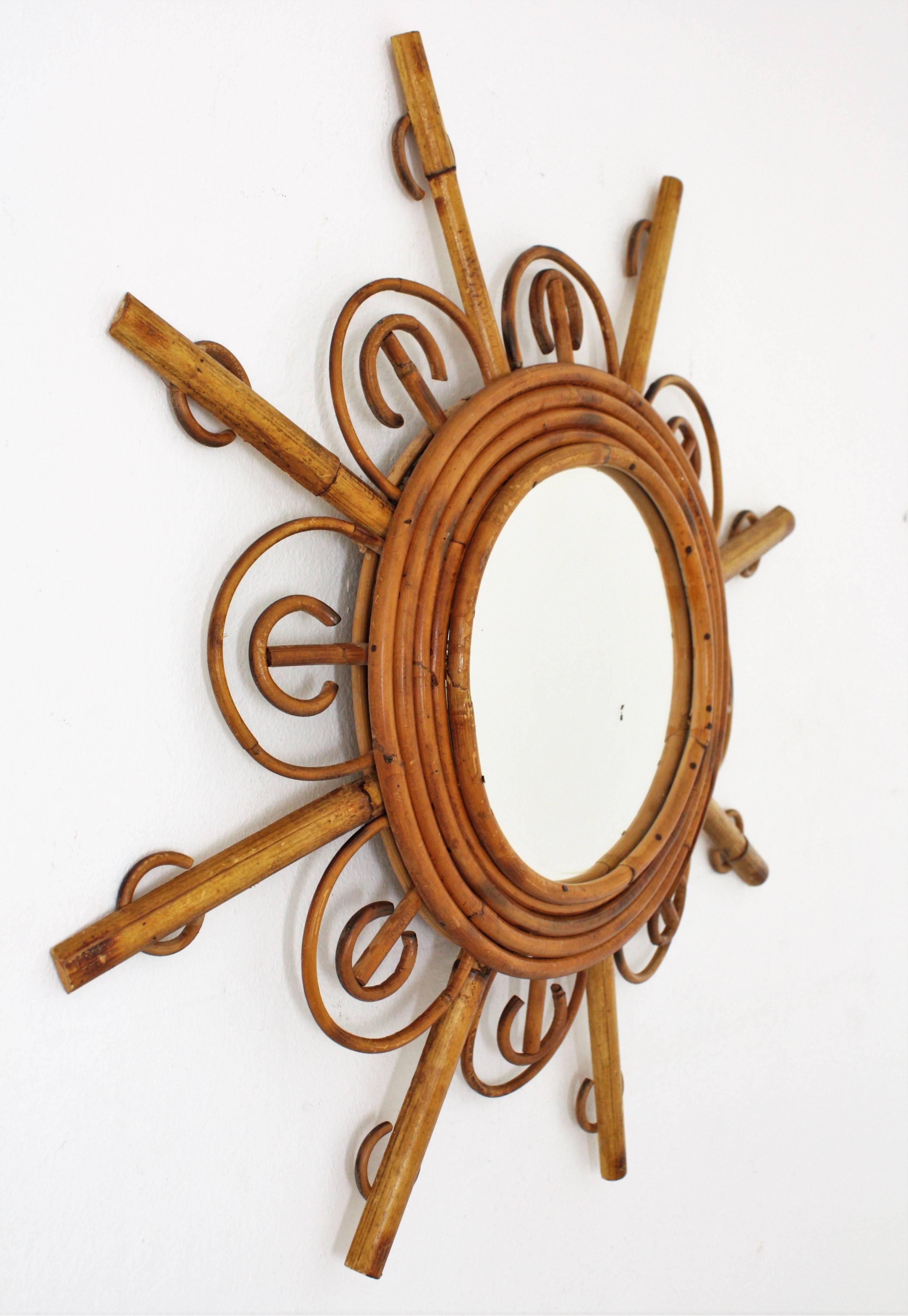 Sunburst Mirror, Rattan and Bamboo In Excellent Condition In Barcelona, ES