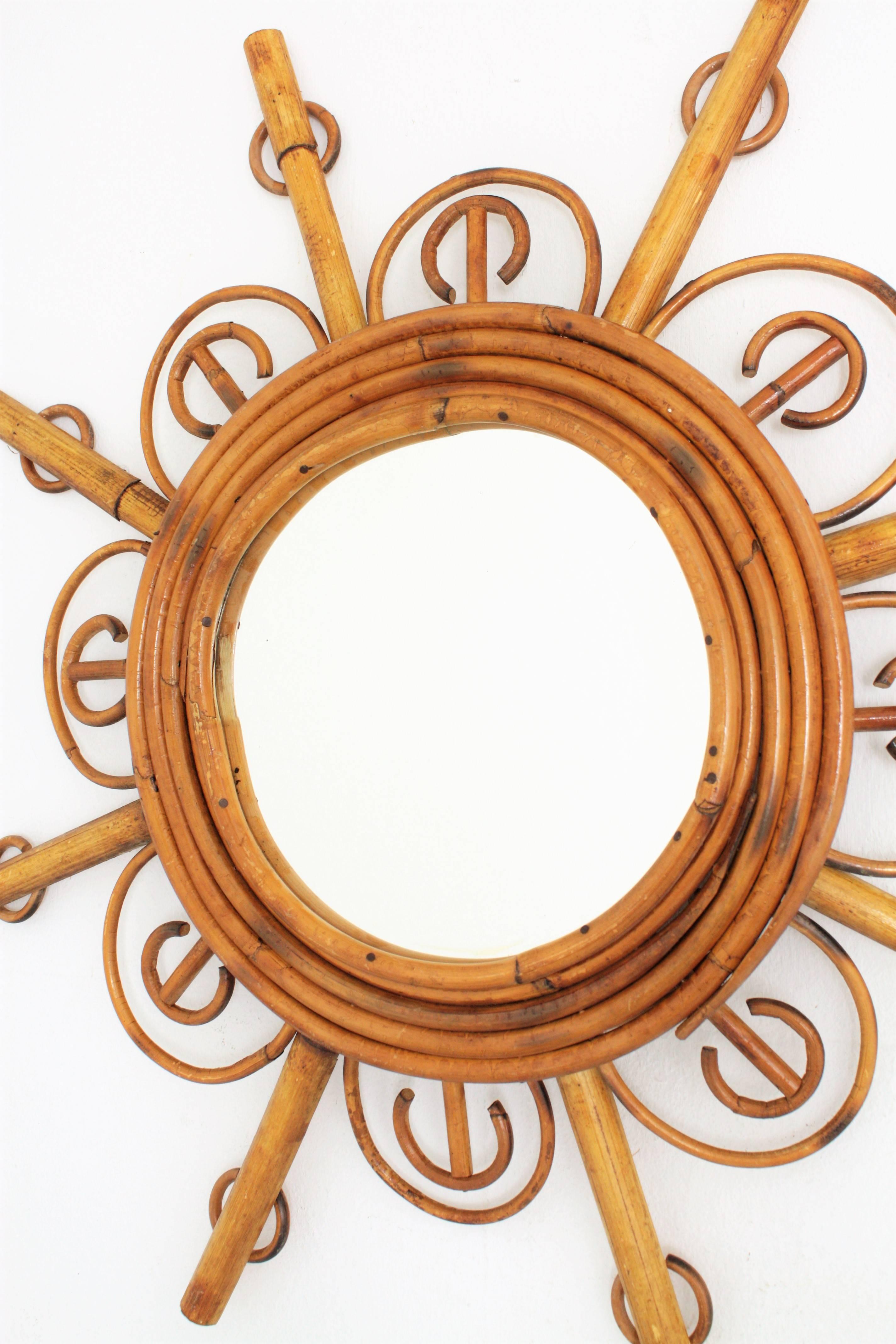 20th Century Sunburst Mirror, Rattan and Bamboo