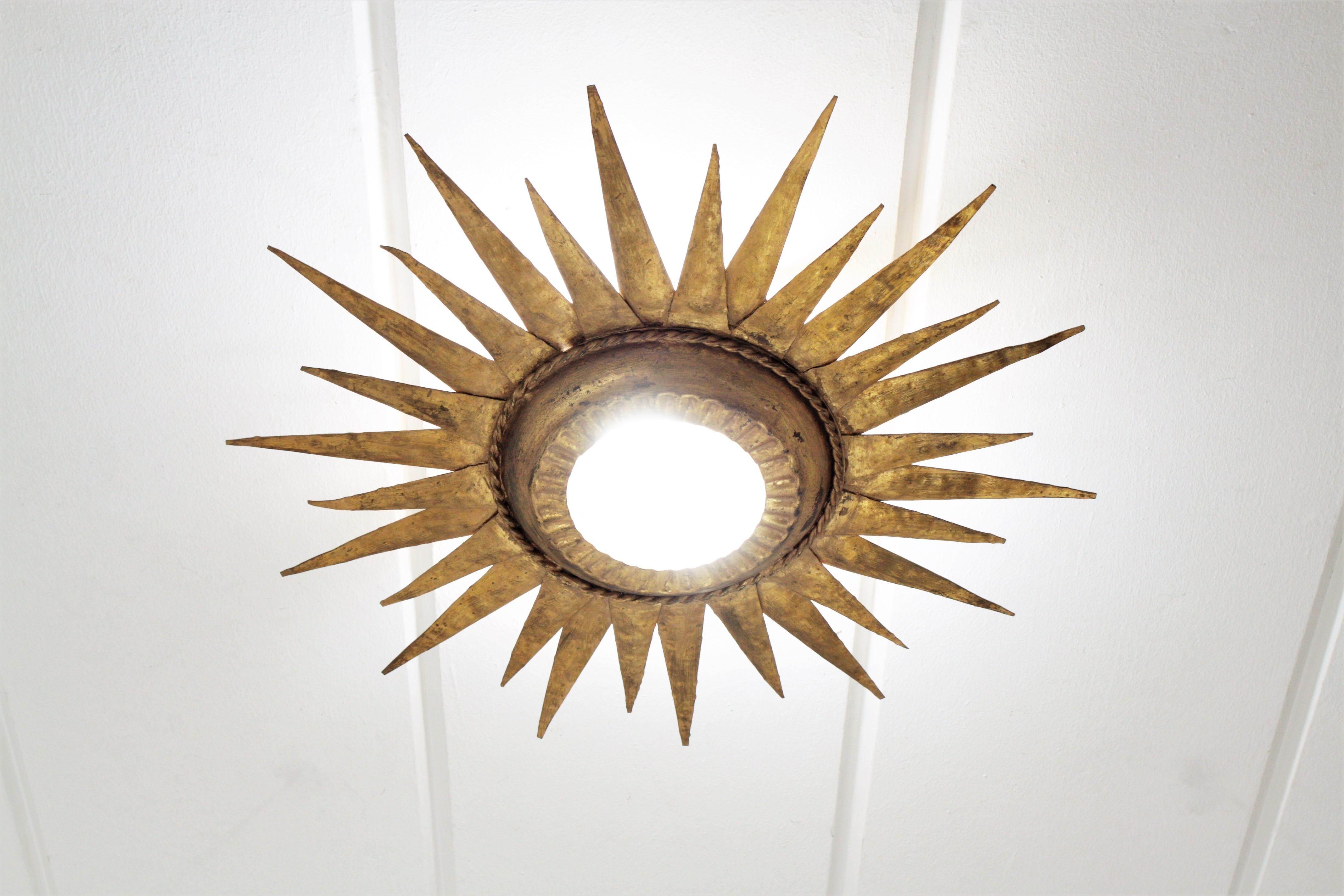 Metal Sunburst Ceiling Light Fixture or Wall Sconce / Sunburst Mirror,  Gilt Iron