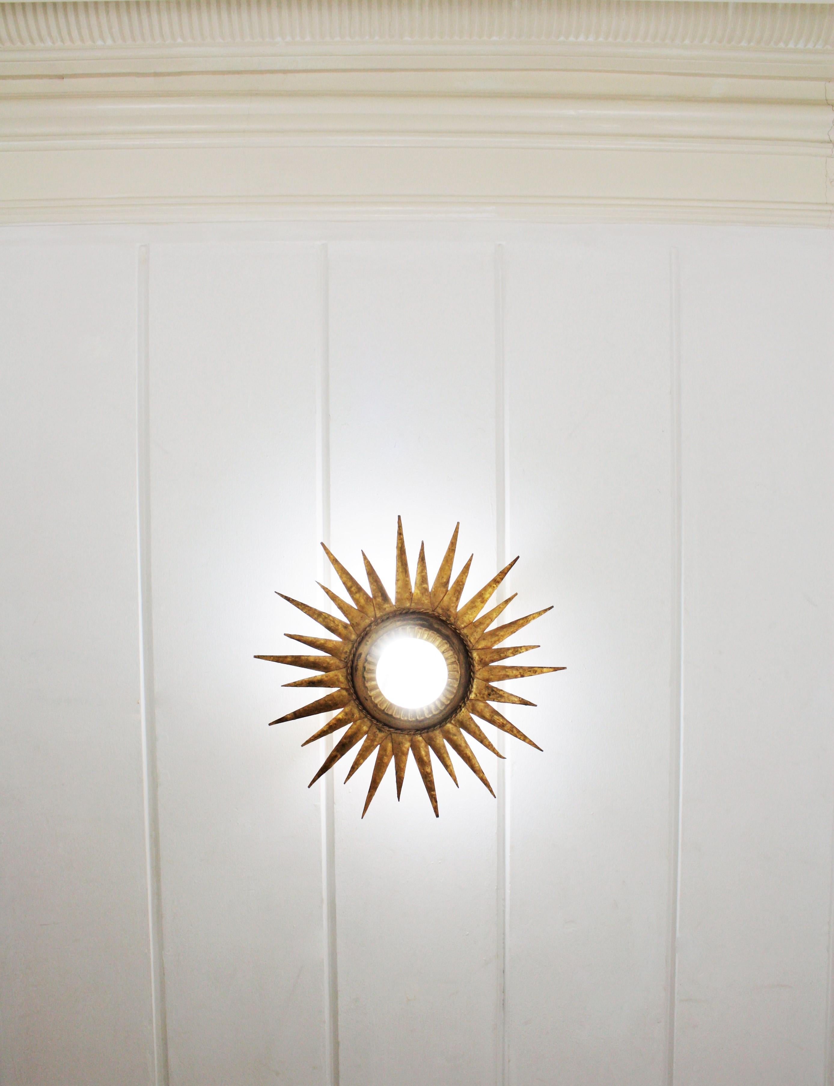 Sunburst Ceiling Light Fixture or Wall Sconce / Sunburst Mirror,  Gilt Iron 4