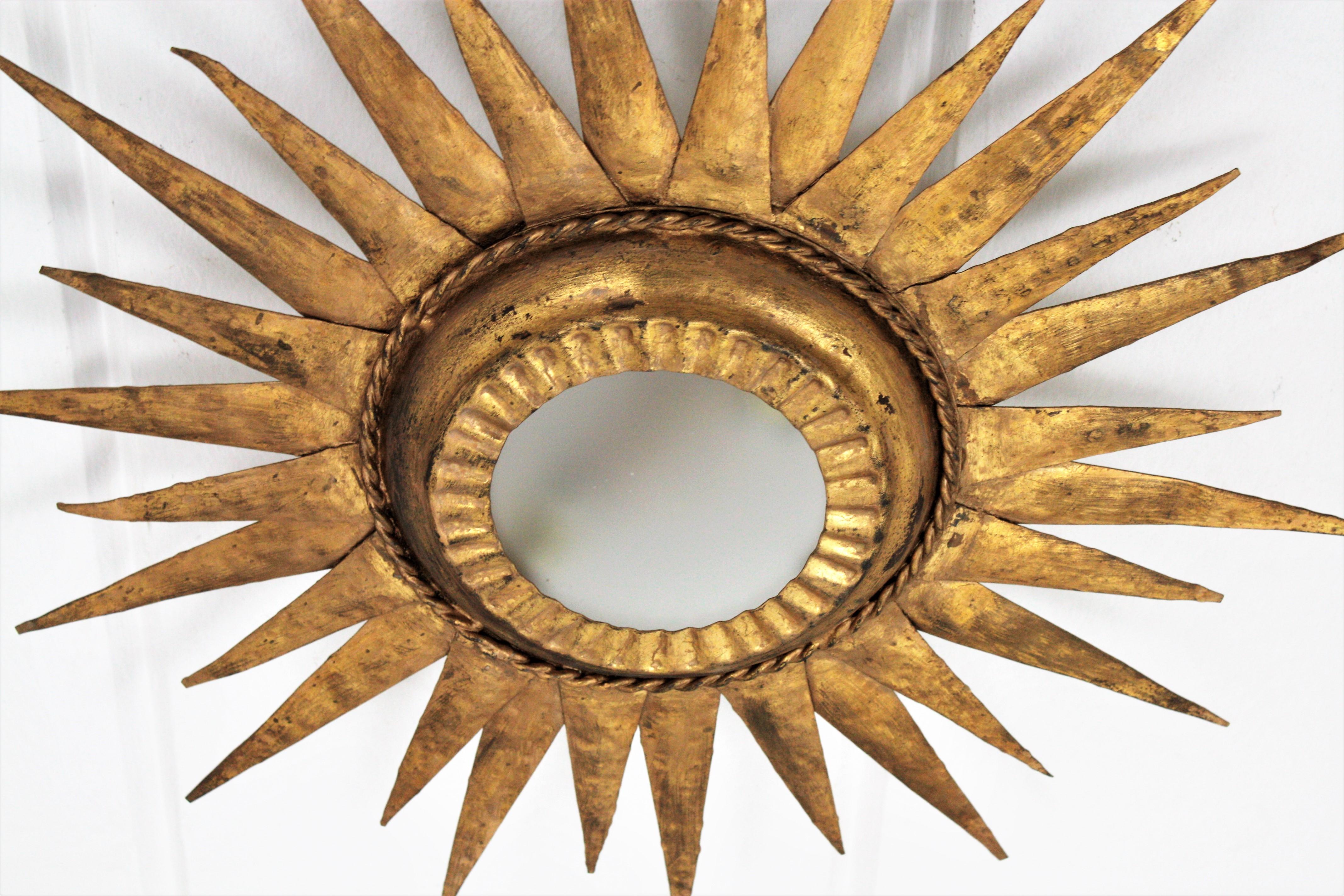 Sunburst Ceiling Light Fixture or Wall Sconce / Sunburst Mirror,  Gilt Iron 5