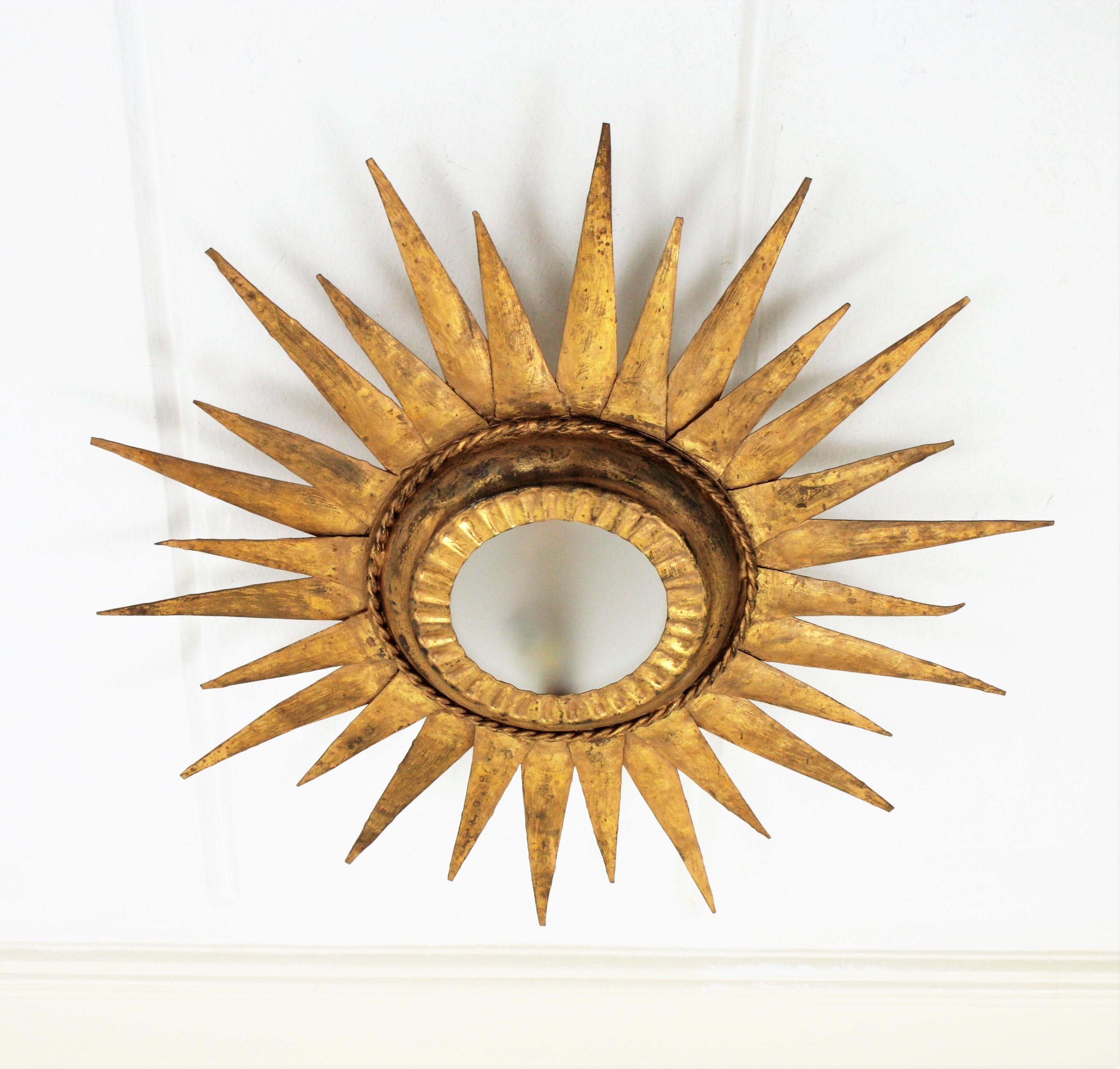 Mid-Century Modern Sunburst Ceiling Light Fixture or Wall Sconce / Sunburst Mirror,  Gilt Iron