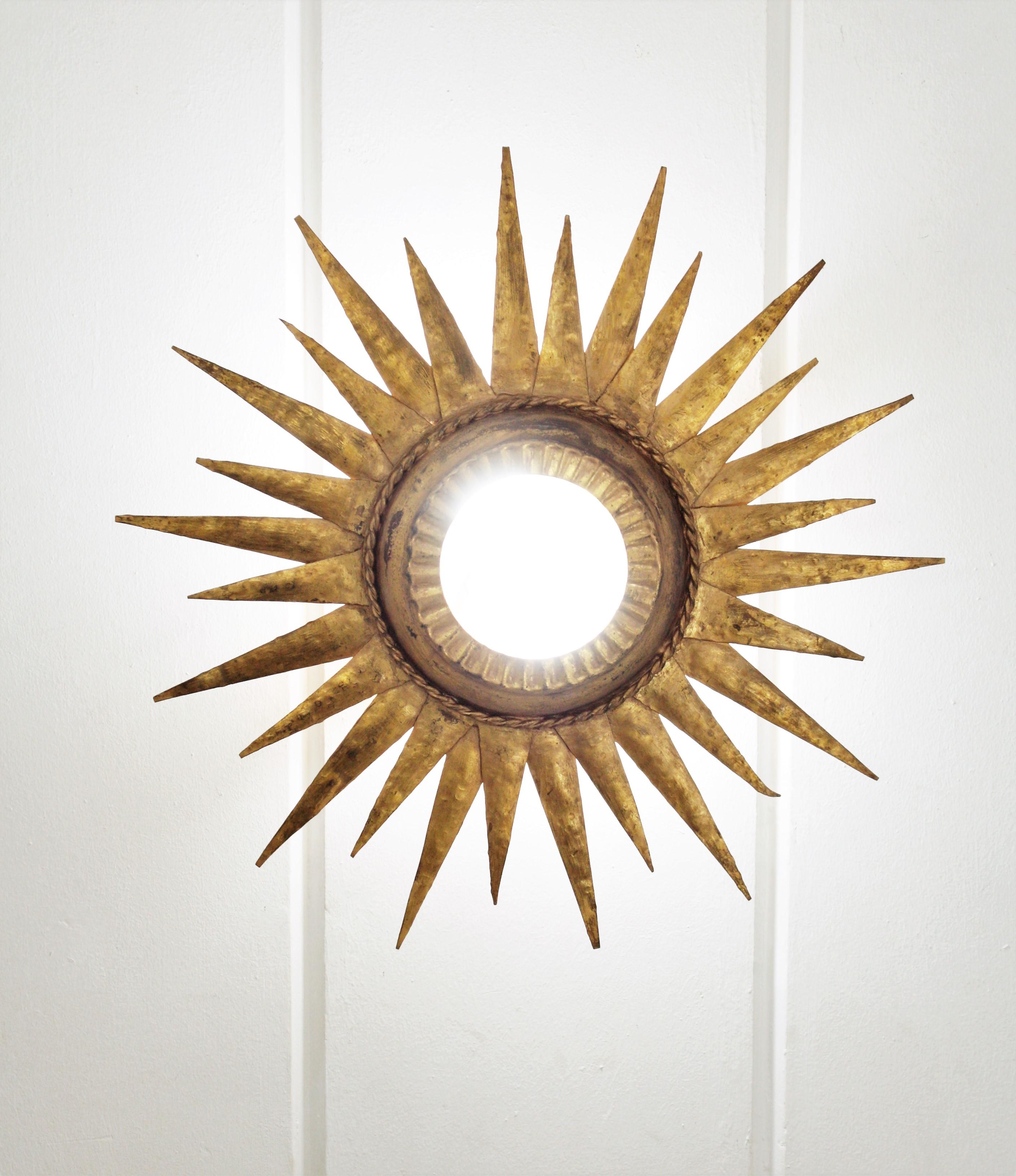 Spanish Sunburst Ceiling Light Fixture or Wall Sconce / Sunburst Mirror,  Gilt Iron
