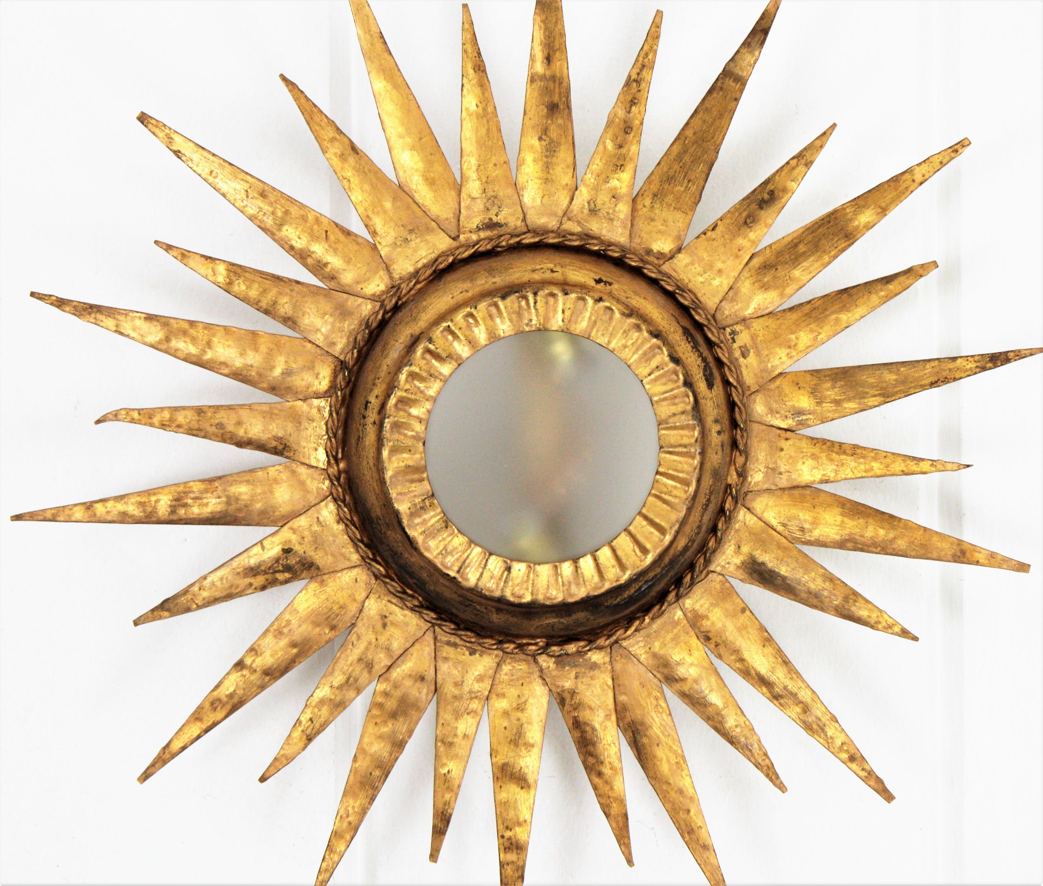 Hand-Crafted Sunburst Ceiling Light Fixture or Wall Sconce / Sunburst Mirror,  Gilt Iron