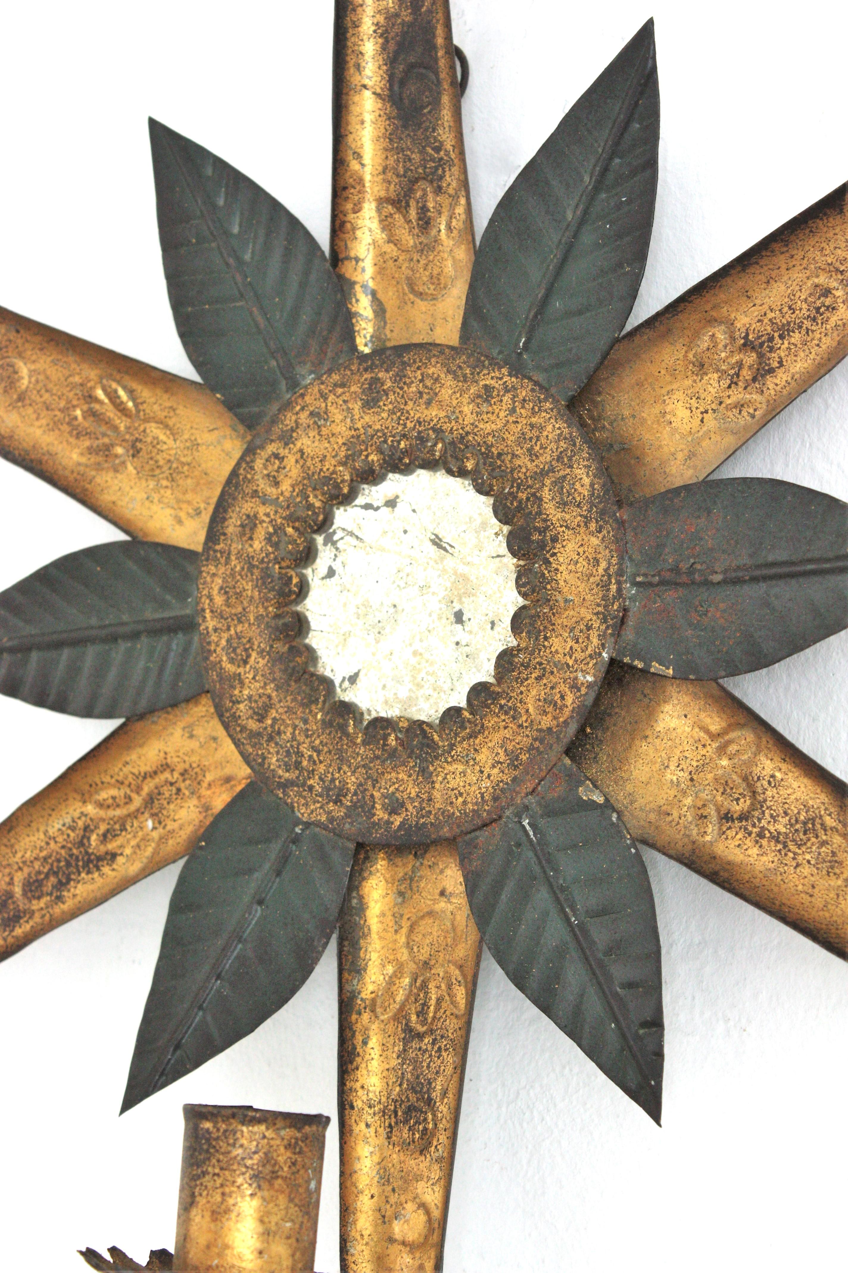 Sunburst Mirror Wall Candle Sconce in Black and Gilt Metal For Sale 3