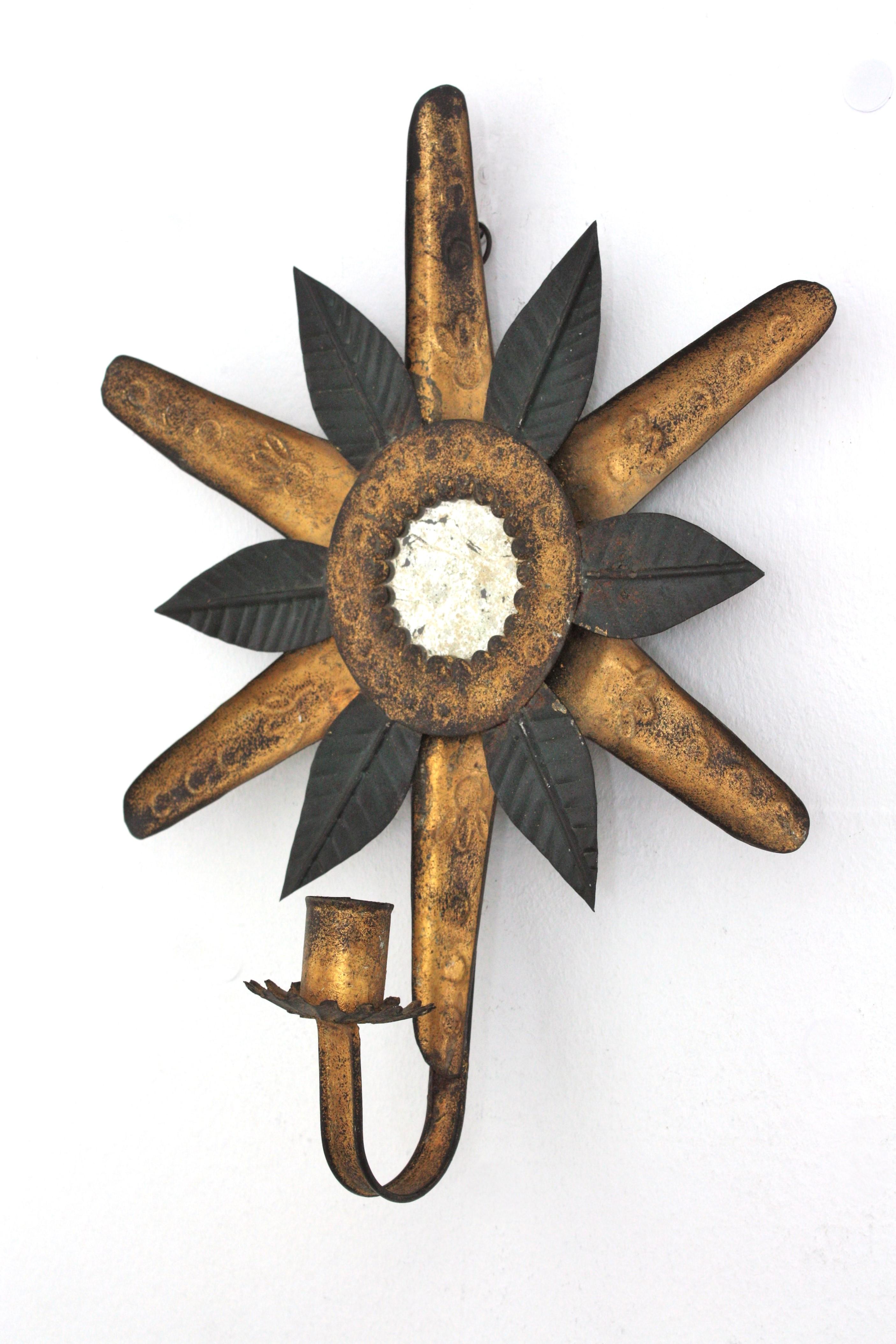 Sunburst Mirror Wall Candle Sconce in Black and Gilt Metal For Sale 4