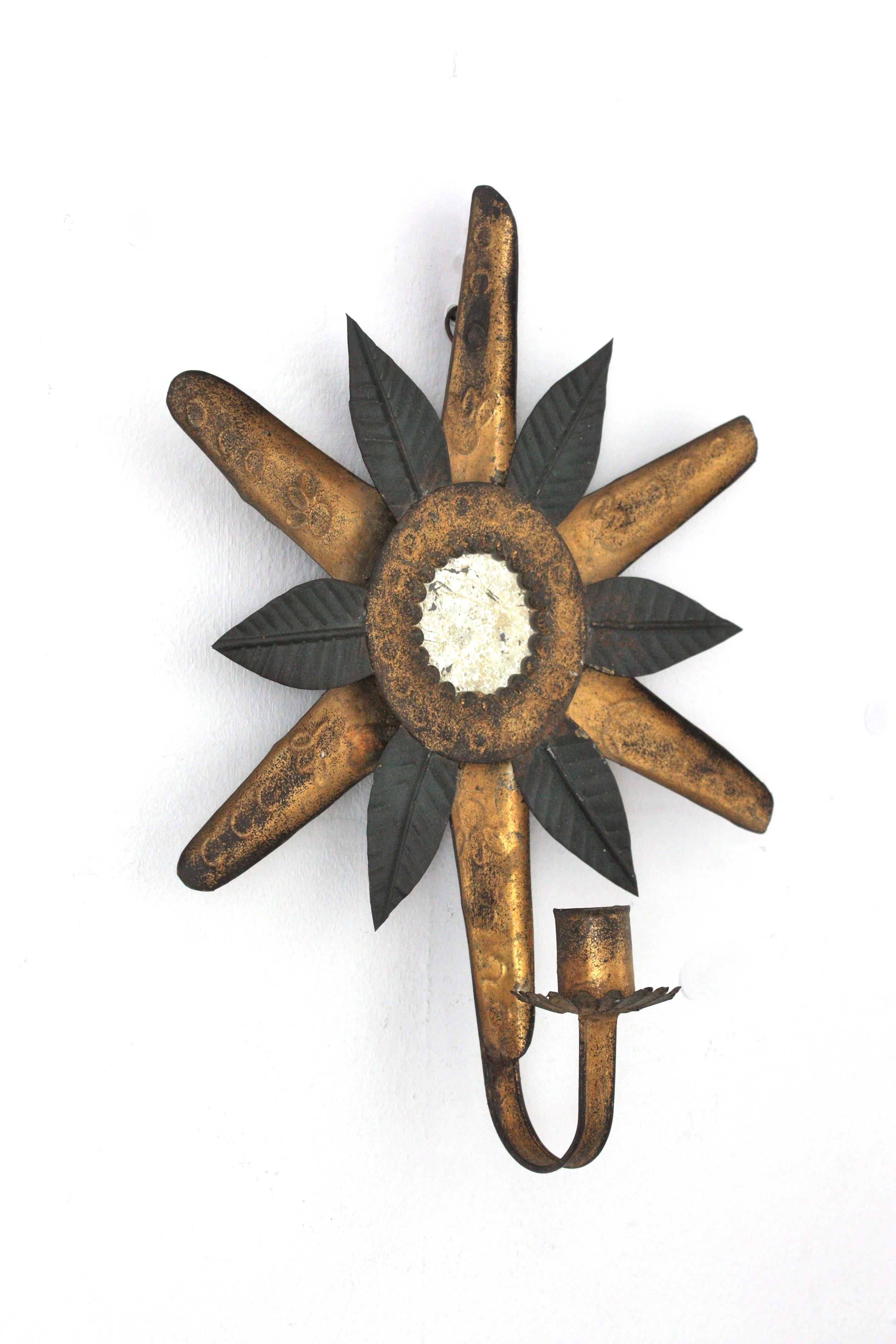 Sunburst Mirror Wall Candle Sconce in Black and Gilt Metal For Sale 5