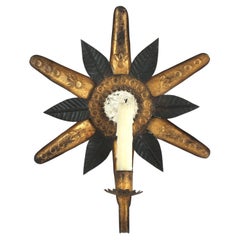Sunburst Mirror Wall Candle Sconce in Black and Gilt Metal