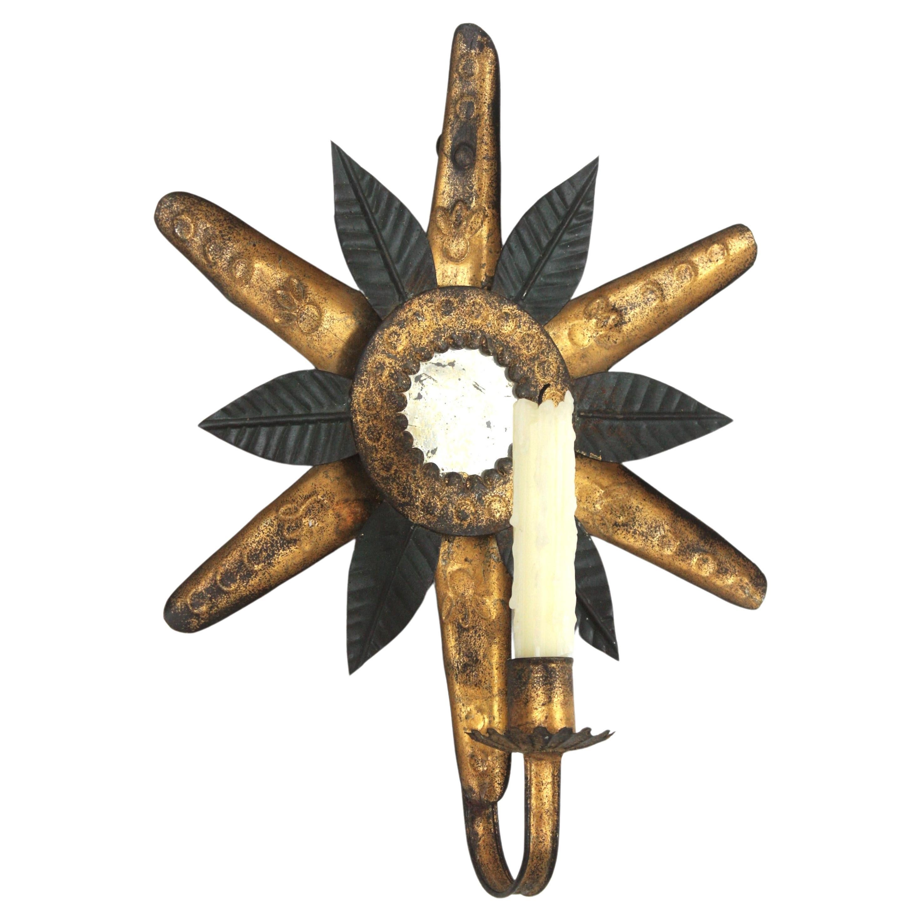 Hollywood Regency Sunburst Mirror Wall Candle Sconce in Black and Gilt Metal For Sale