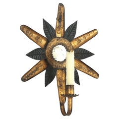 Sunburst Mirror Wall Candle Sconce in Black and Gilt Metal