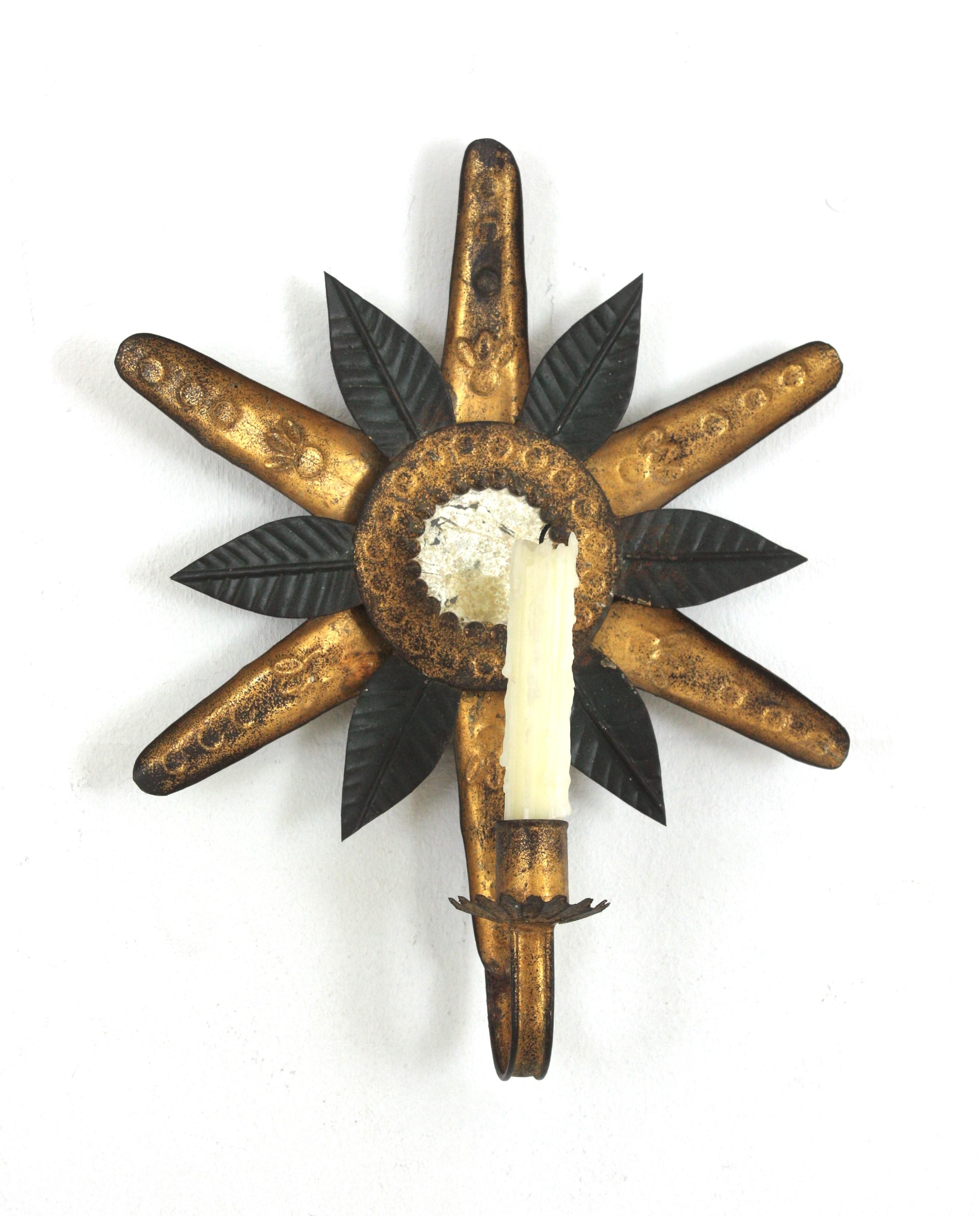 Hammered Sunburst Mirror Wall Candle Sconce in Black and Gilt Metal For Sale