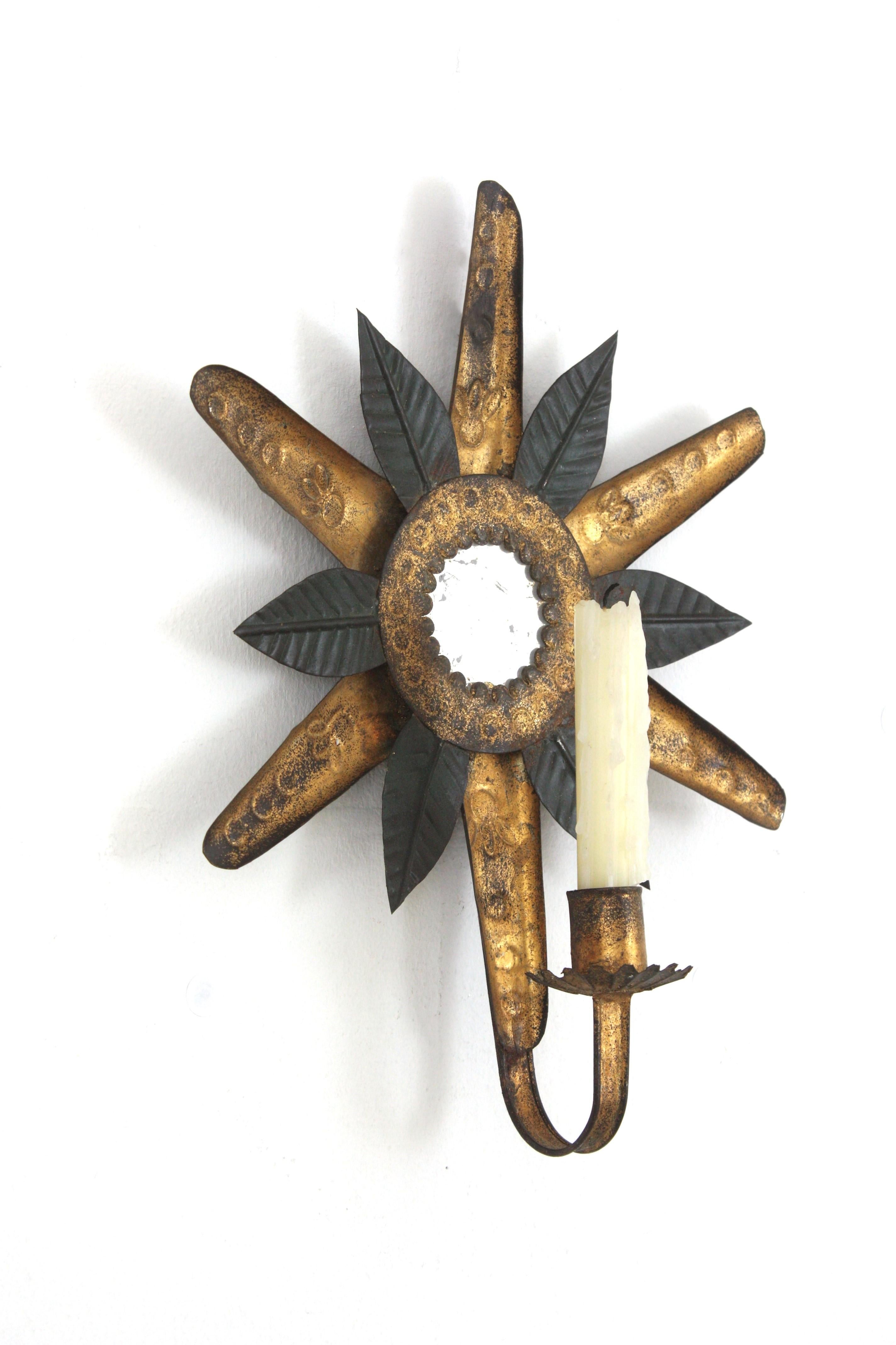 20th Century Sunburst Mirror Wall Candle Sconce in Black and Gilt Metal For Sale