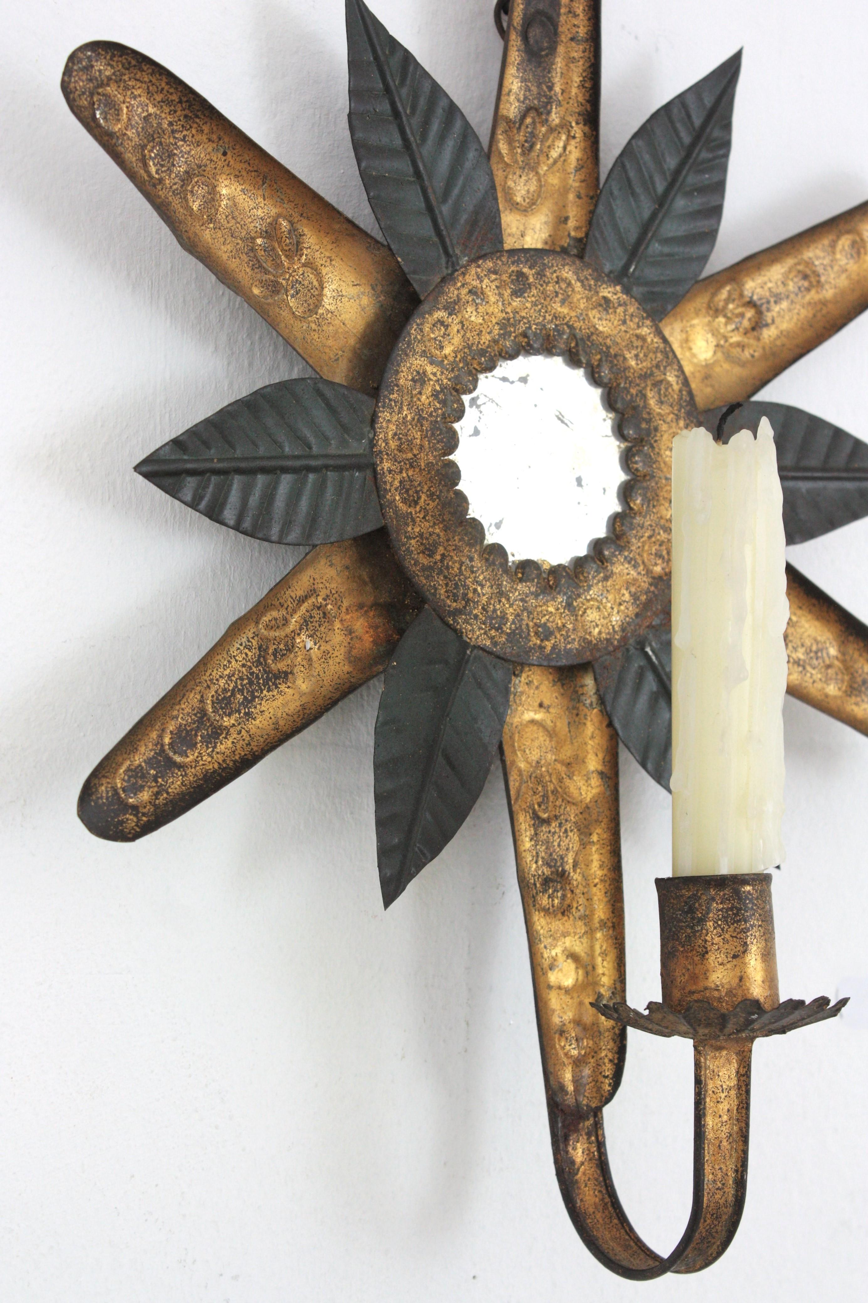 Sunburst Mirror Wall Candle Sconce in Black and Gilt Metal For Sale 1