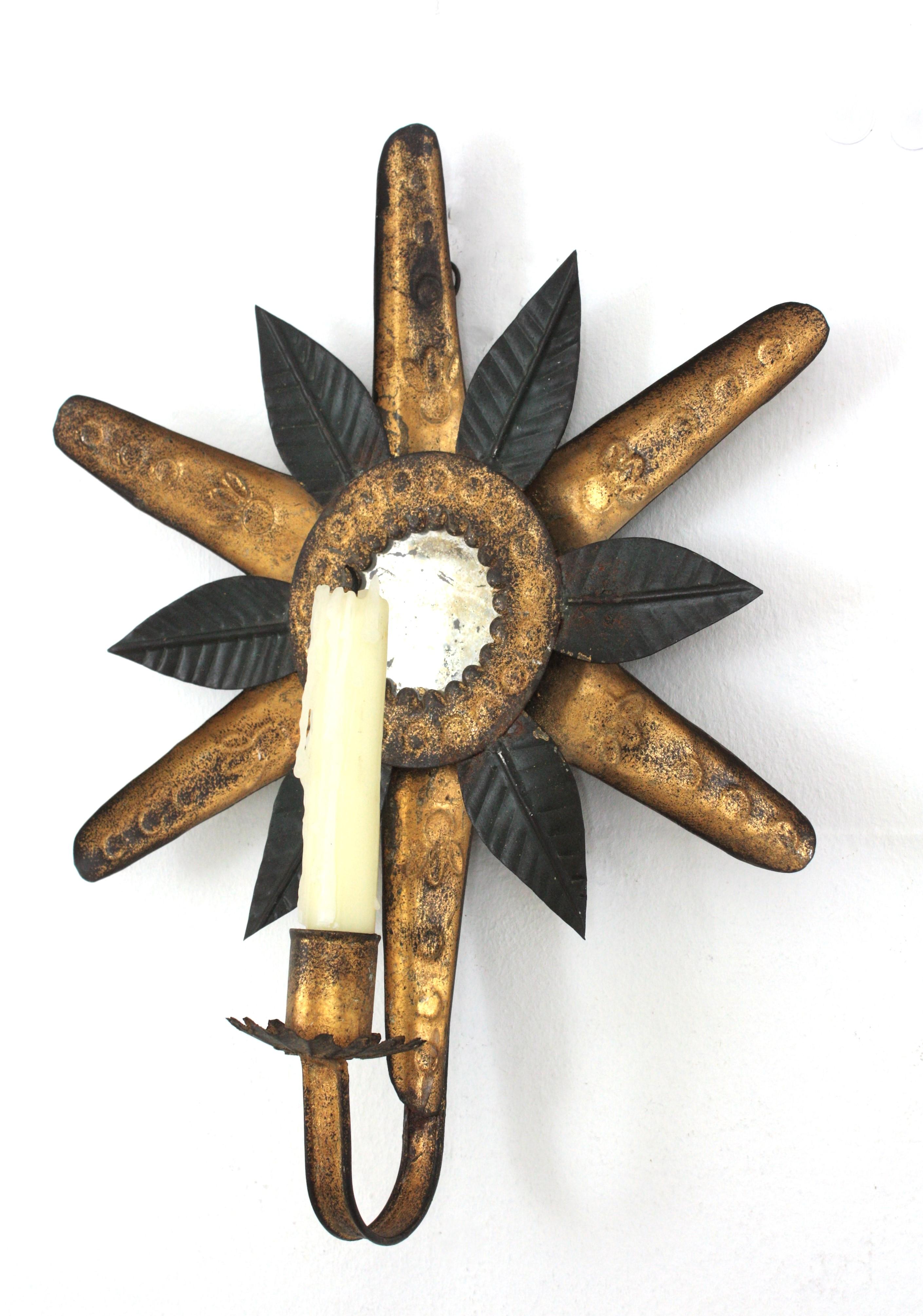 Sunburst Mirror Wall Candle Sconce in Black and Gilt Metal For Sale 2