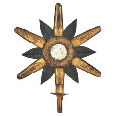 Lámpara de pared con espejo Sunburst en metal negro y dorado