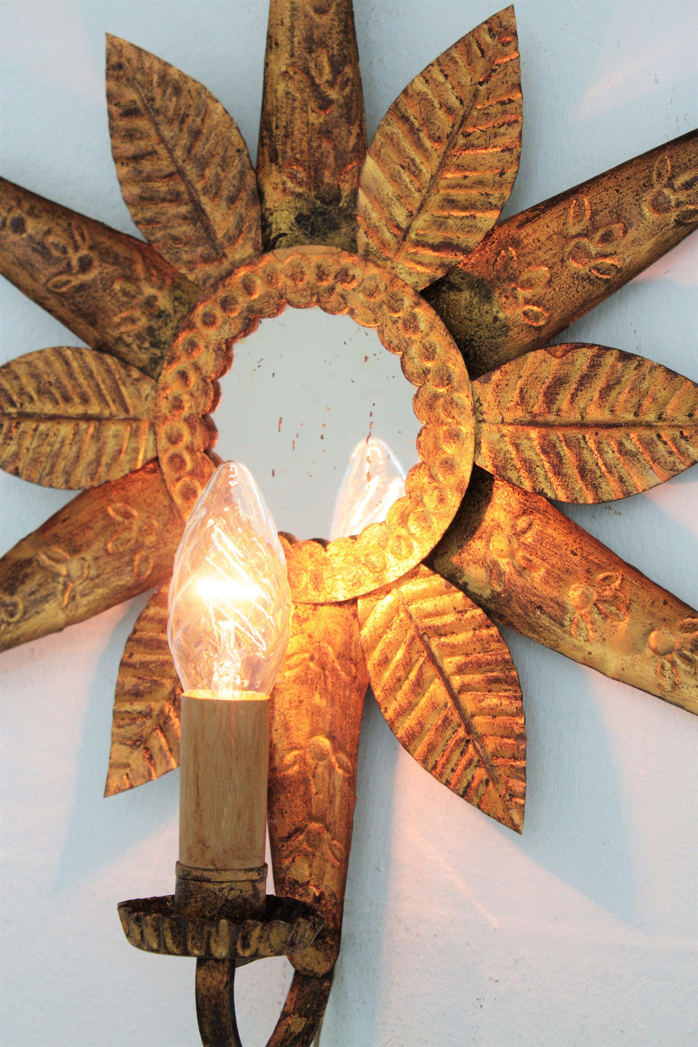 Sunburst Mirror Wall Sconce in Gilt Metal, France, 1940s 3