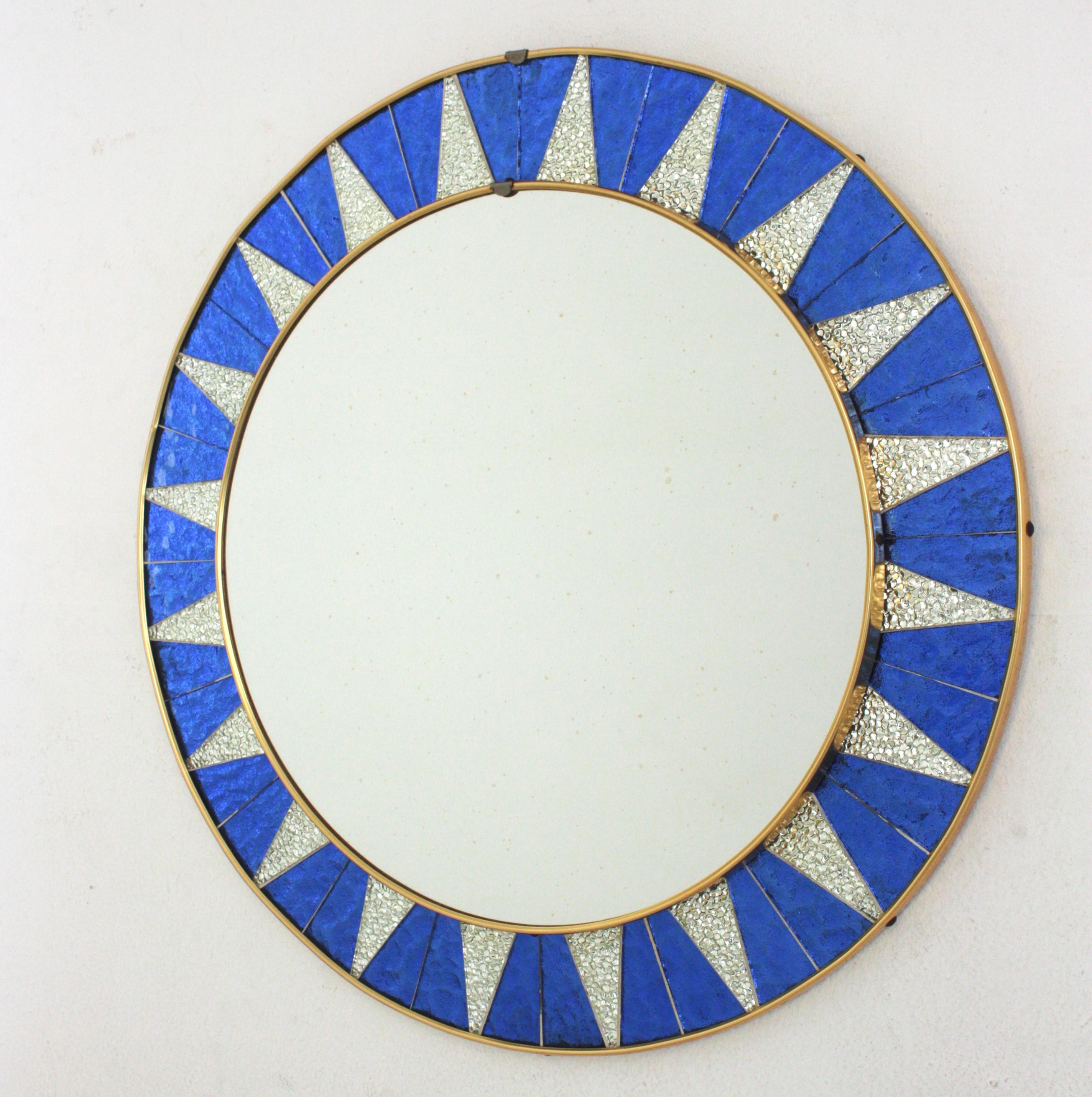 Sunburst Mirror with Blue and Silvered Mosaic Glass Frame, Spain, 1960s For Sale 4