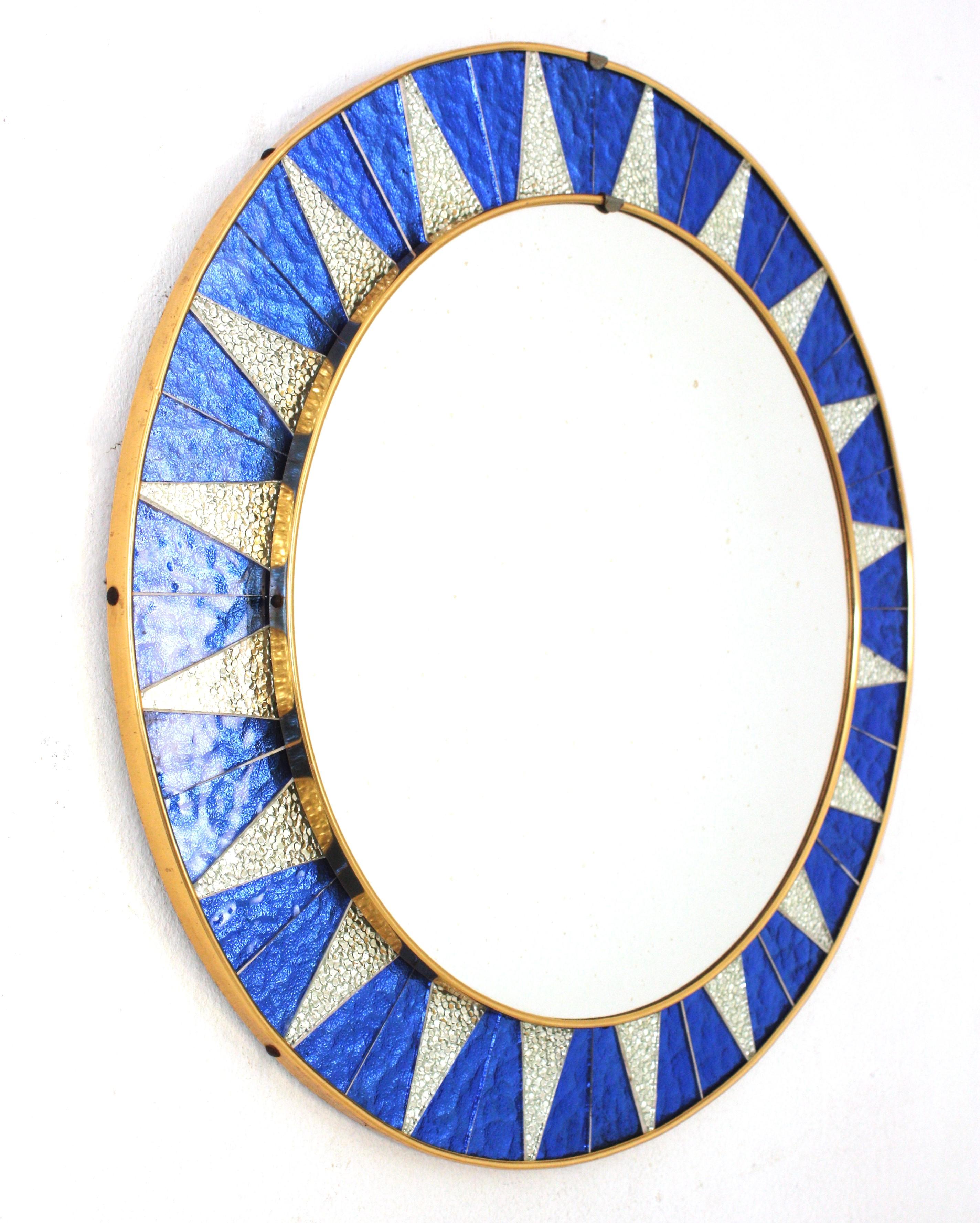 Mid-Century Modern Sunburst Mirror with Blue and Silvered Mosaic Glass Frame, Spain, 1960s For Sale