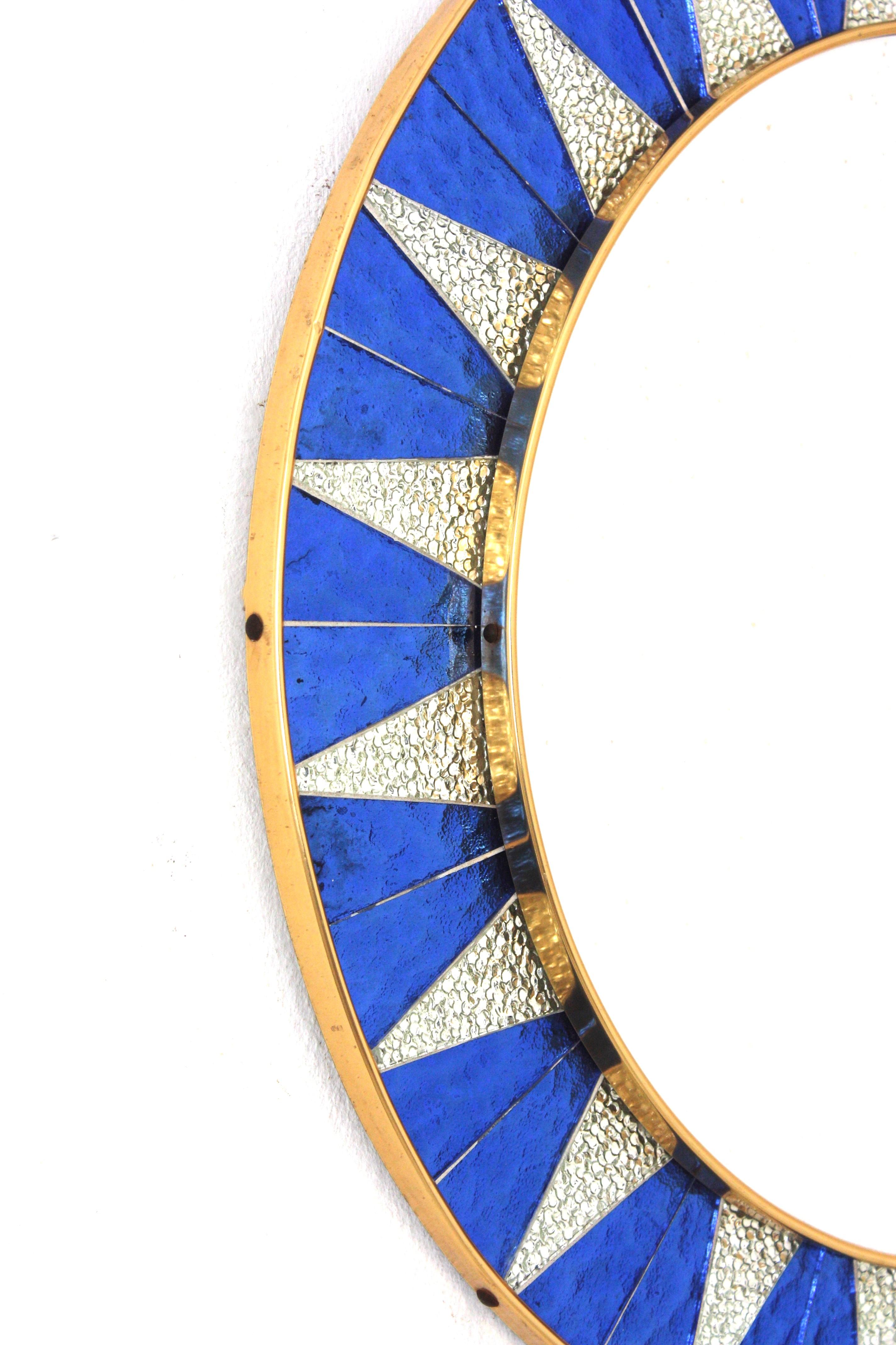 Spanish Sunburst Mirror with Blue and Silvered Mosaic Glass Frame, Spain, 1960s For Sale