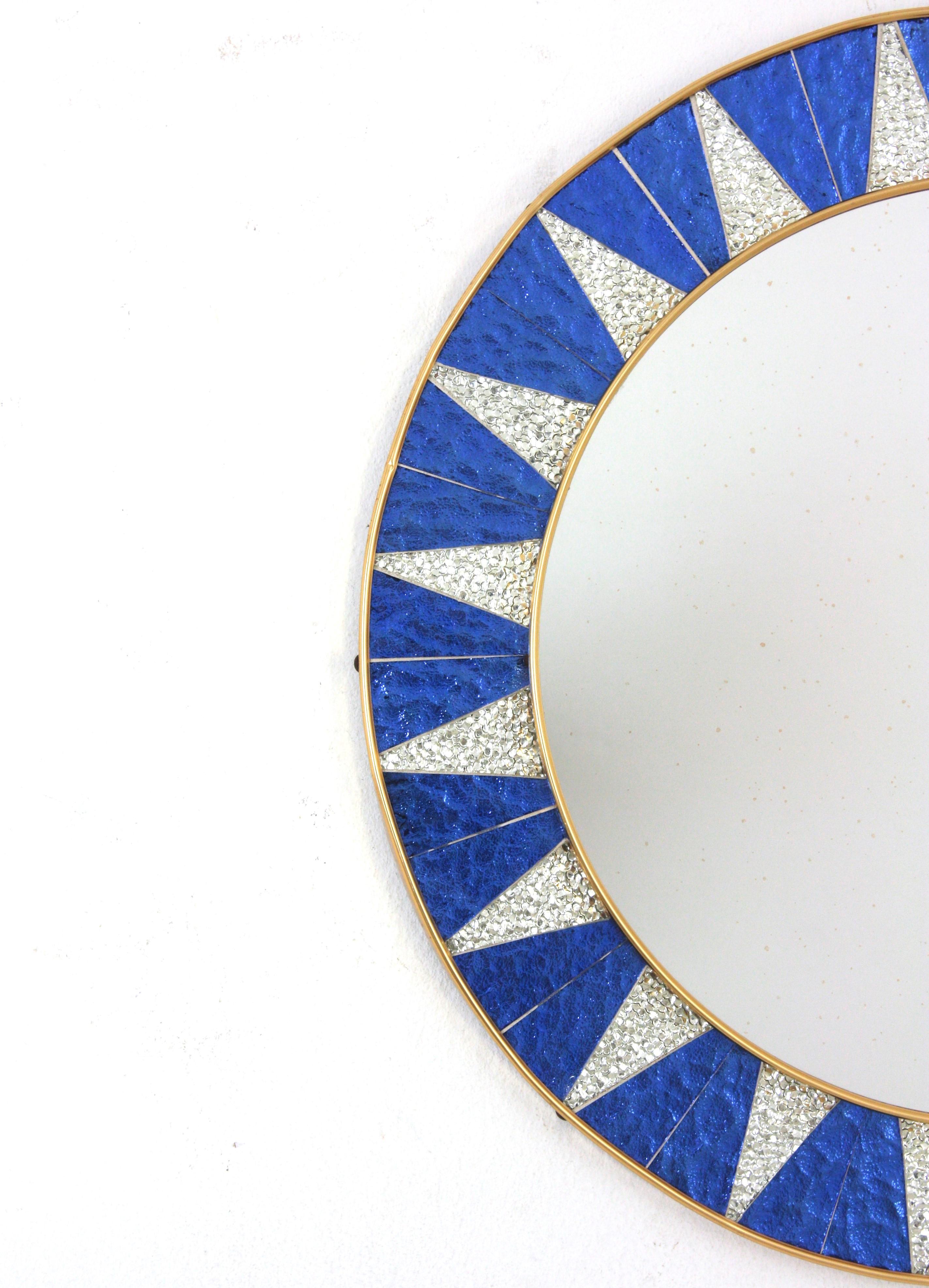 Hand-Crafted Sunburst Mirror with Blue and Silvered Mosaic Glass Frame, Spain, 1960s For Sale