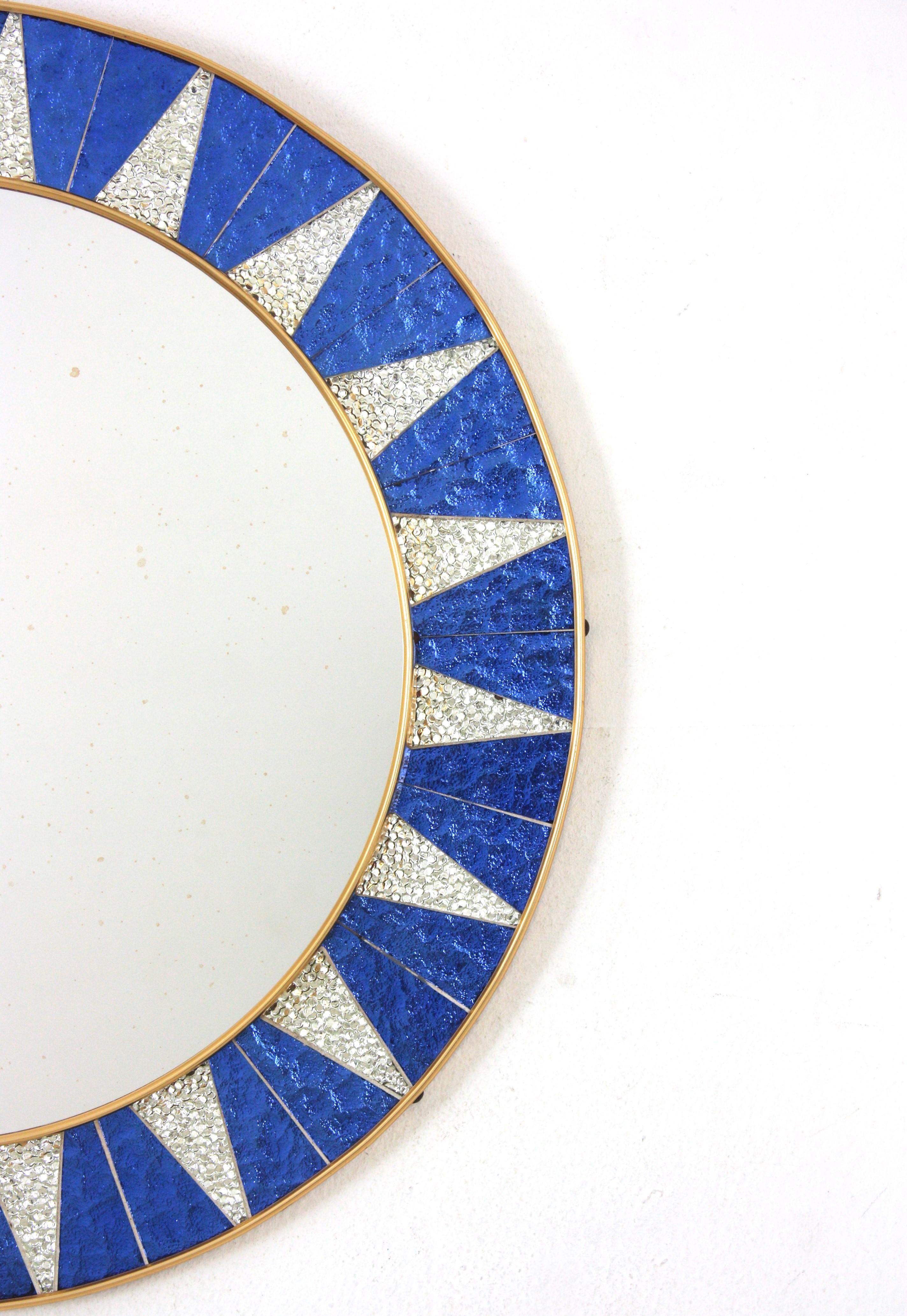Sunburst Mirror with Blue and Silvered Mosaic Glass Frame, Spain, 1960s In Good Condition For Sale In Barcelona, ES